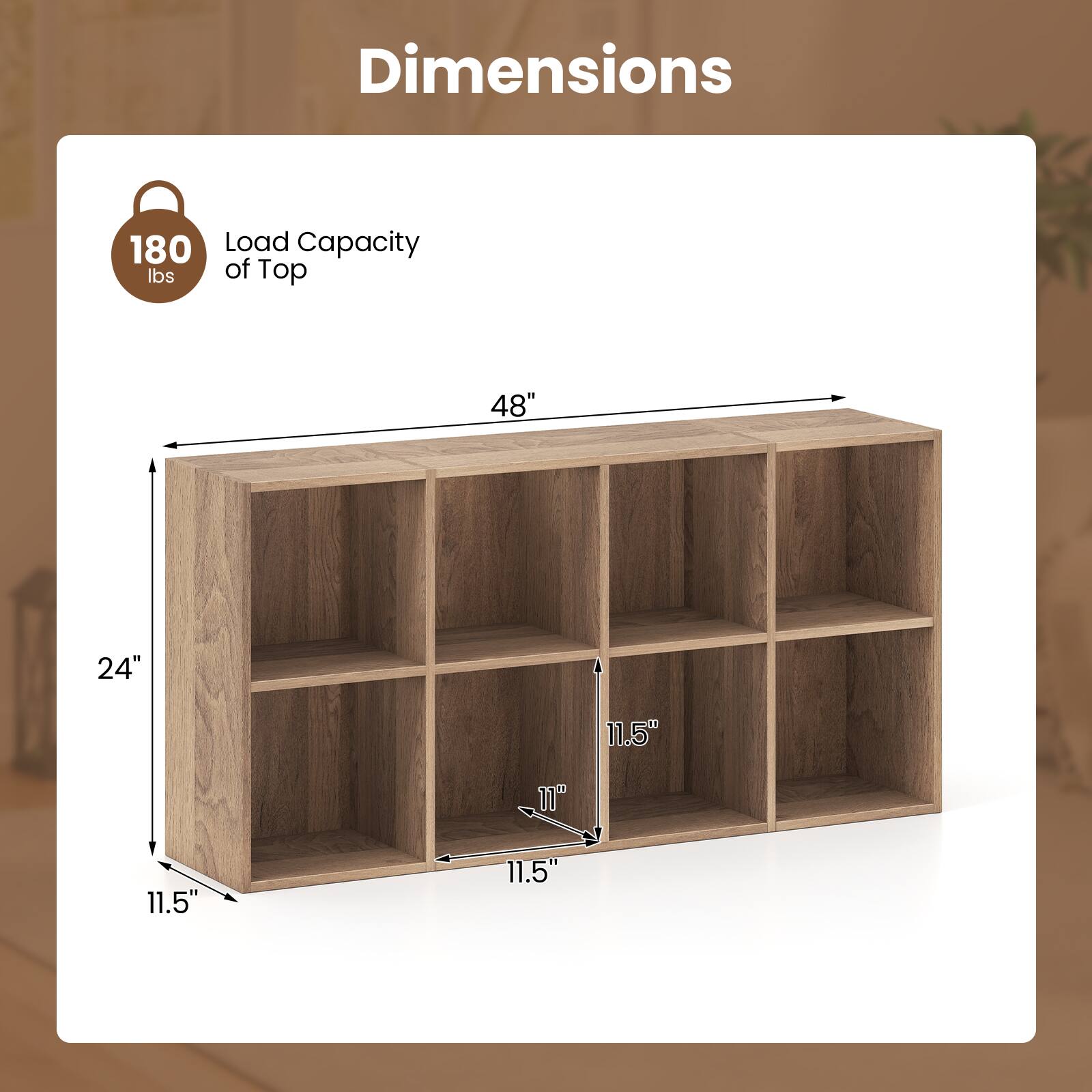 Dimensions  
Load Capacity: 180 lbs  
Top: 48" x 24"  
Shelves: 11.5" x 11" x 11.5"