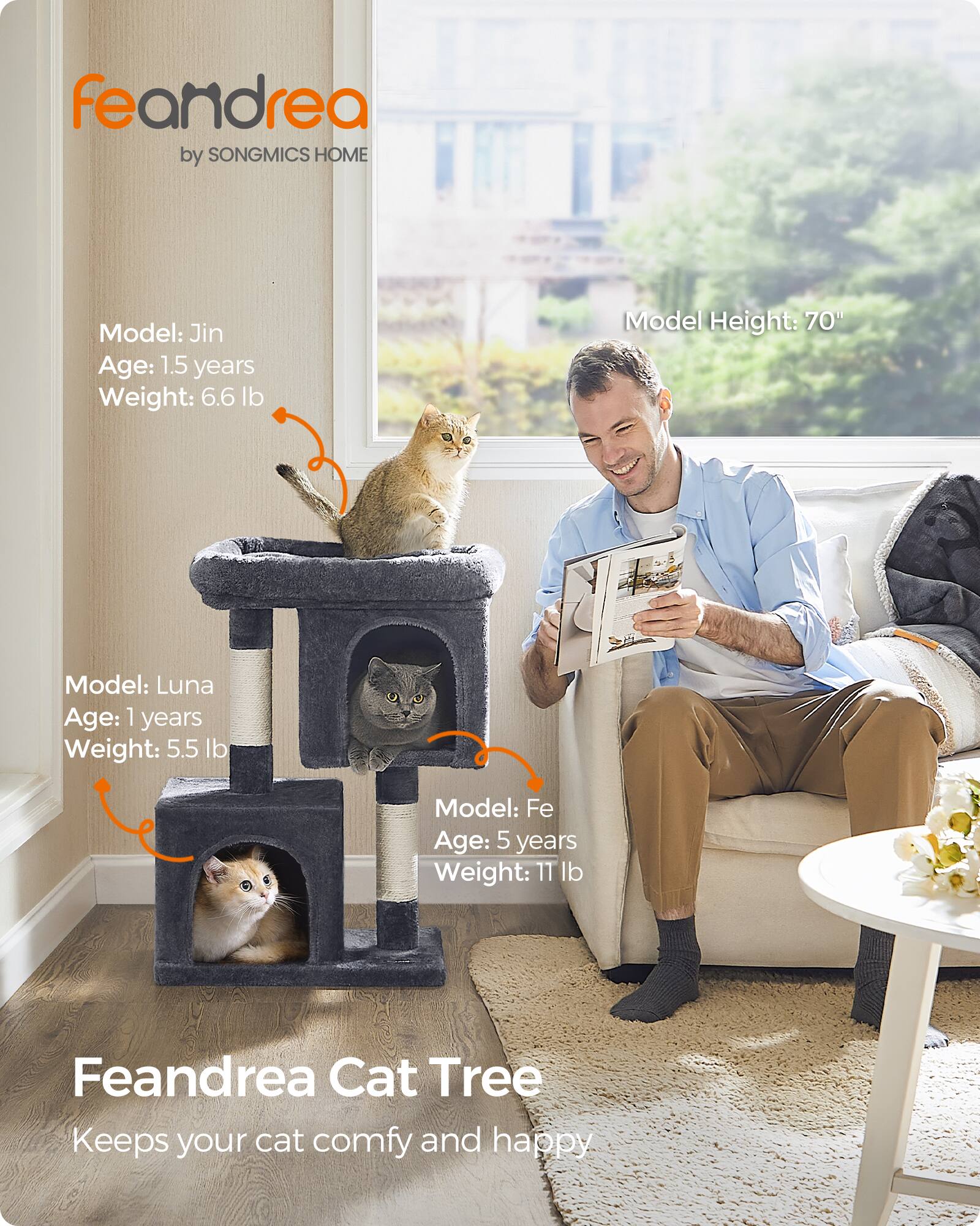 Songmics Home Cat Tree, 27.6 Inch Cat Tower, Plush Condo for Medium ...