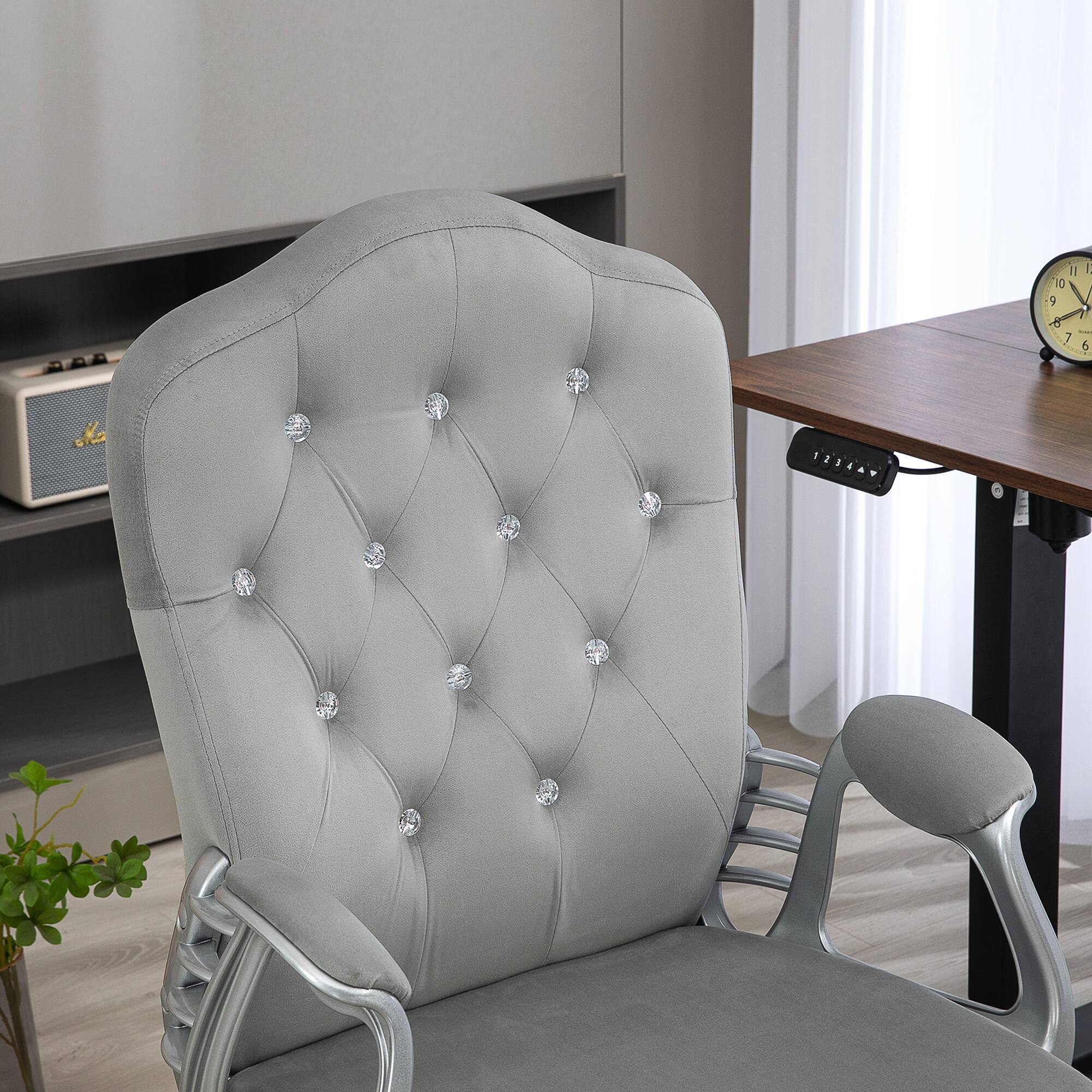 Alt View 7. Vinsetto - Home Office Chair, Velvet Computer Chair, Button Tufted Desk Chair with Swivel Wheels, Adjustable Height - Light Gray.