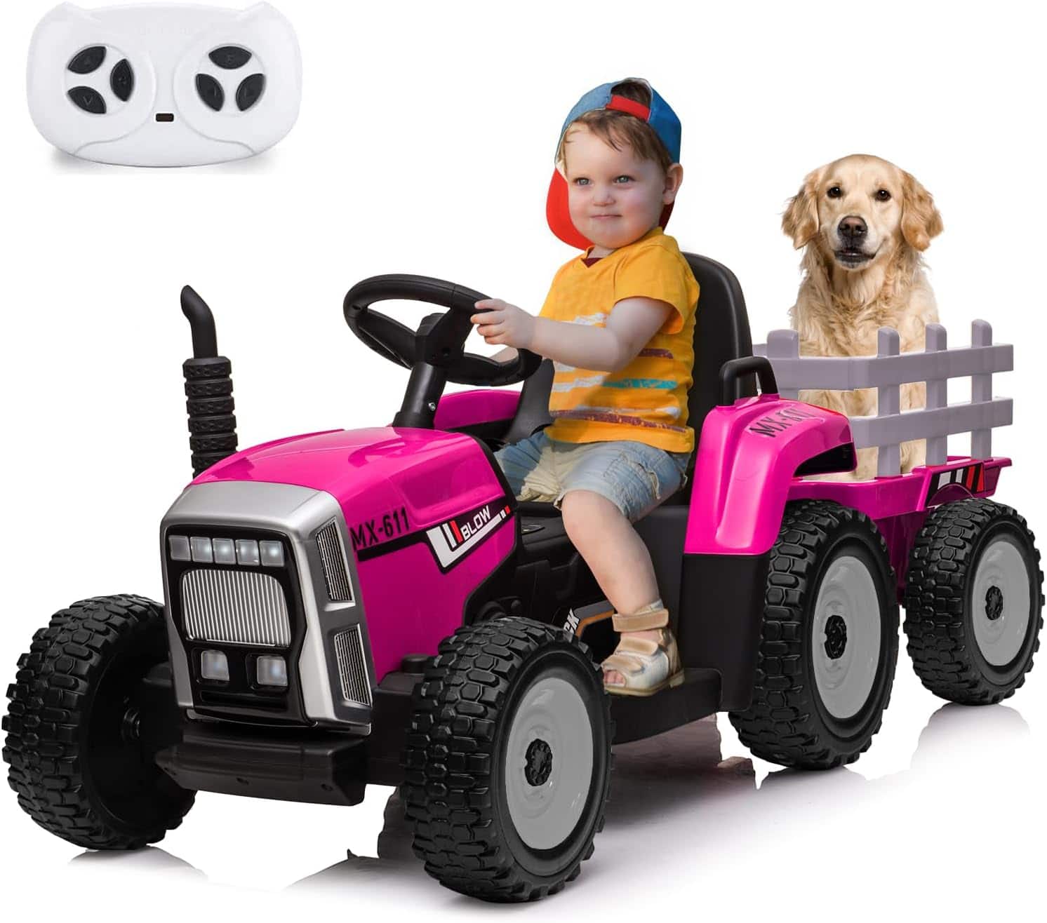 Homhougo - 12V Kids Ride On Tractor with Trailer & Remote Control, LED Headlights, Music