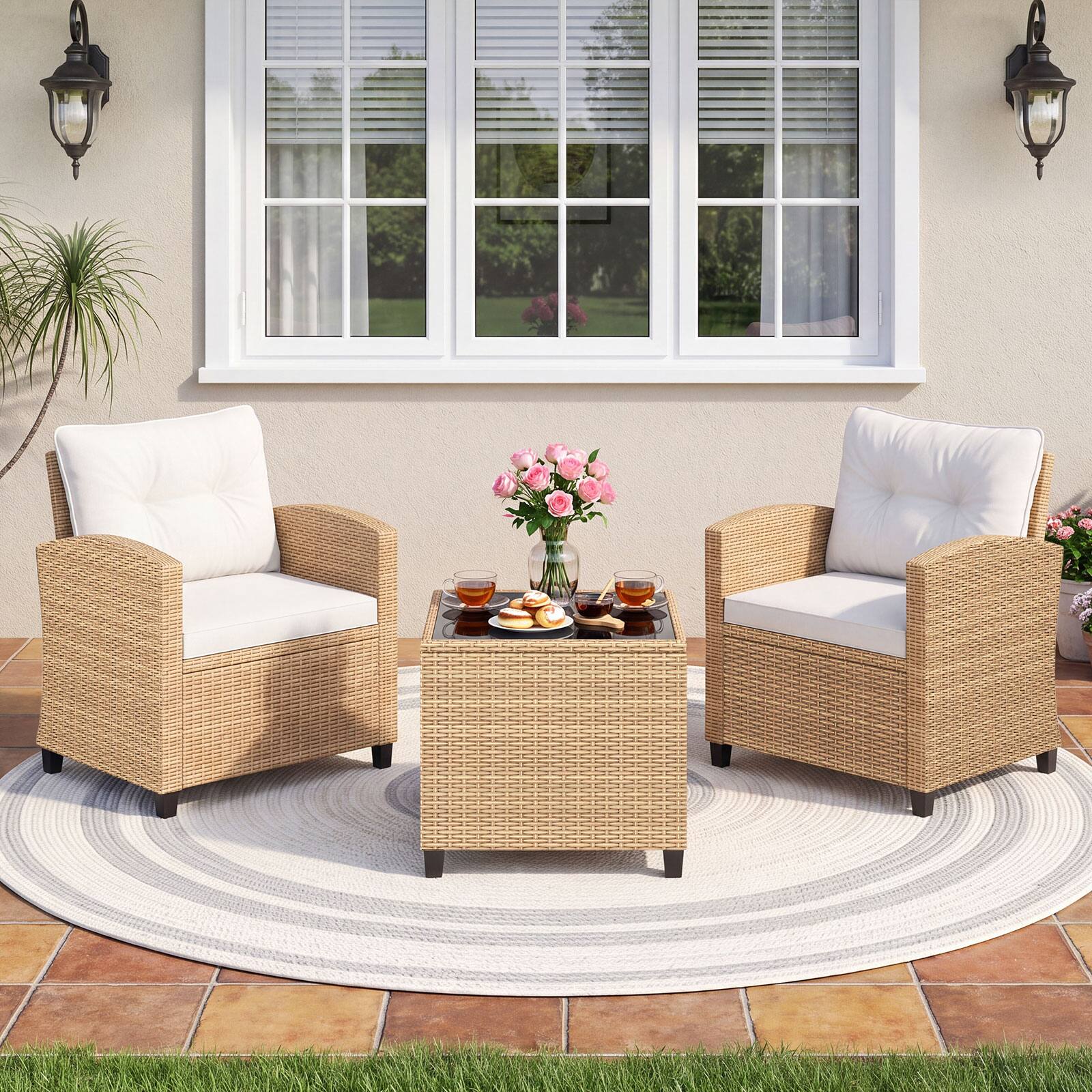 Alt View 4. Costway - Costway 3PCS Patio Furniture Set, Rattan Conversation Set with Soft Seat & Back Cushions - Light Brown+Off-White.
