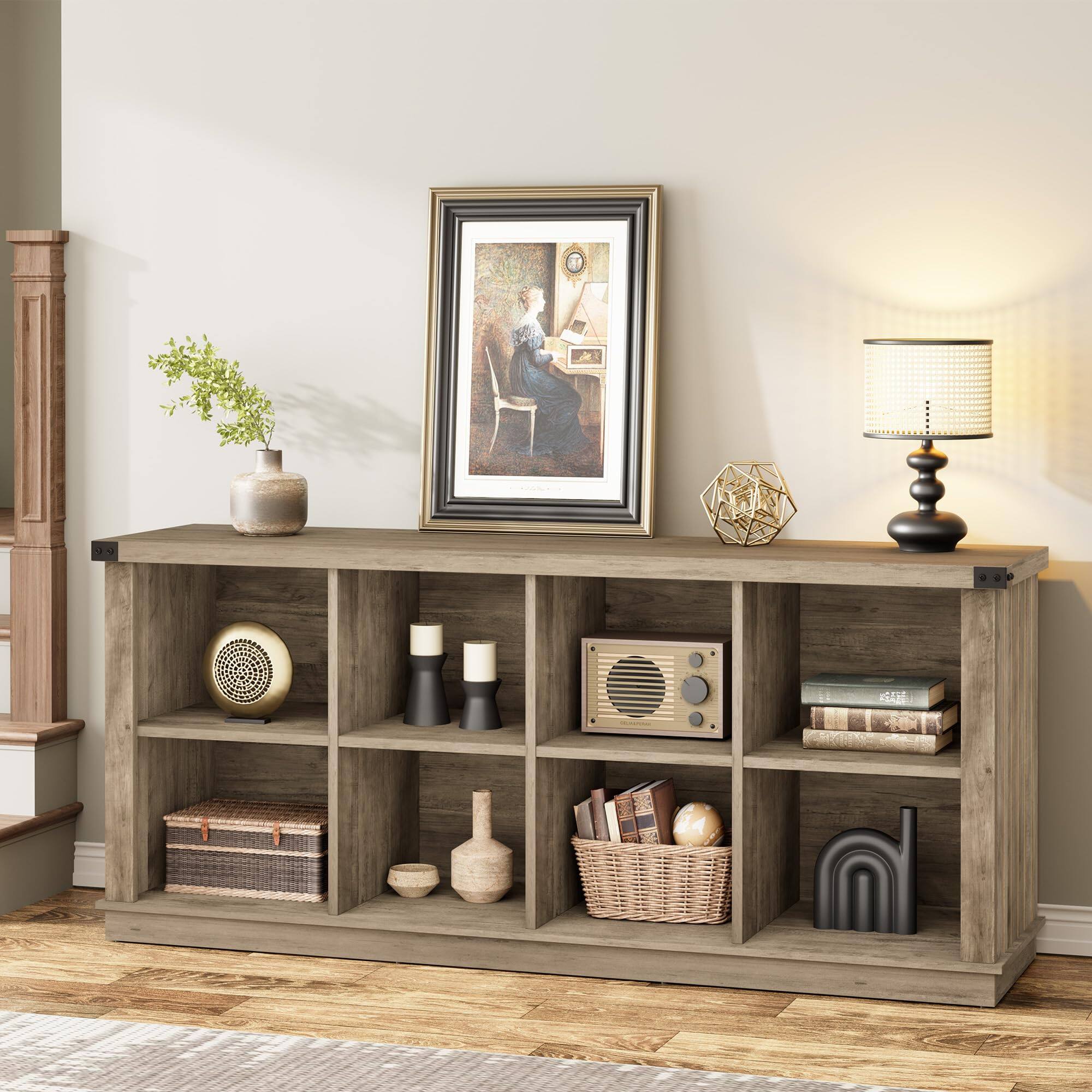 Front. Jojoka - 3-Tier 8-Cube Wooden Storage Organizer, 63" Long Low Farmhouse Bookshelf for Entryway, Living Room, or Bedroom - Gray.