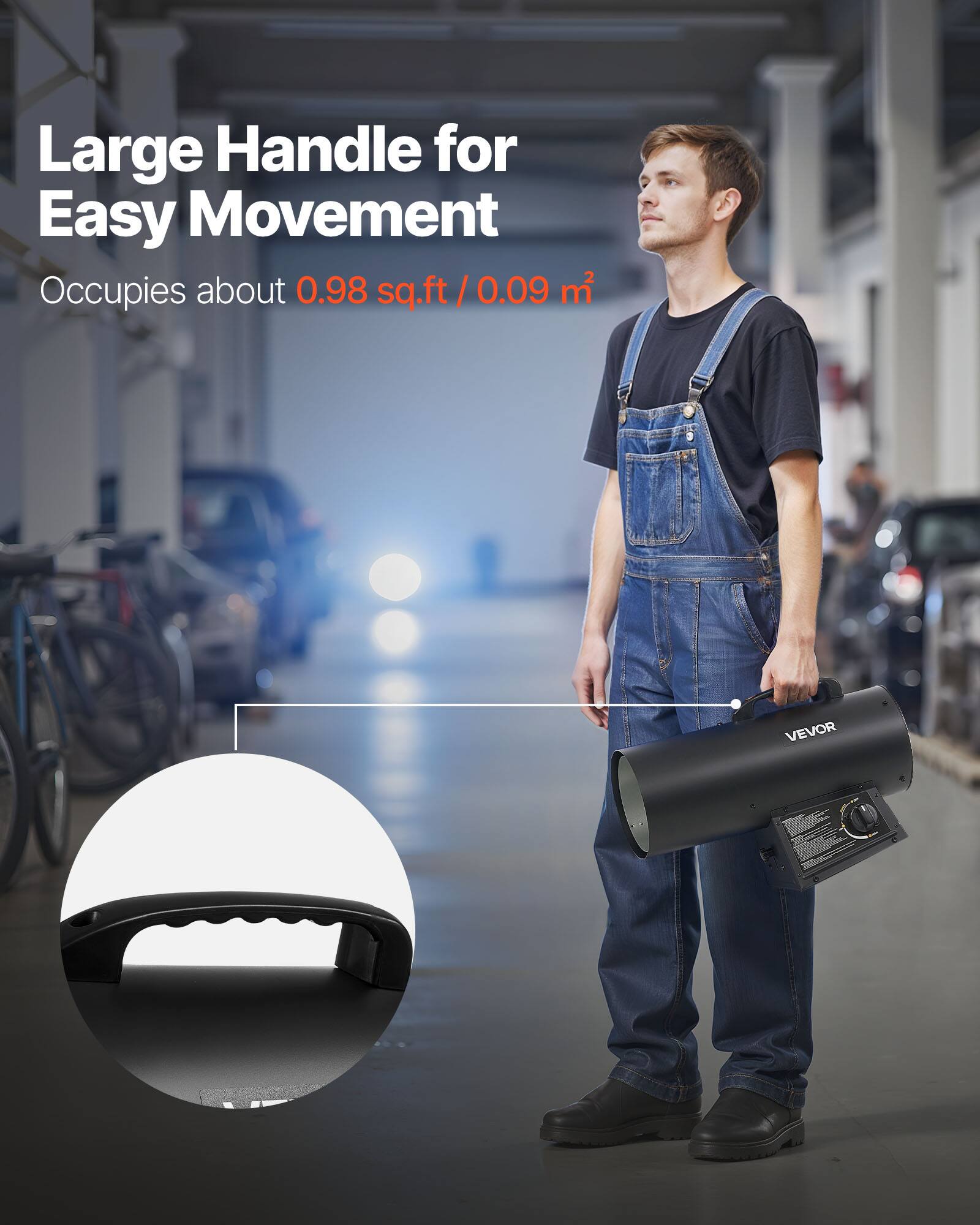 Large Handle for Easy Movement  
Occupies about 0.98 sq.ft / 0.09 m²
