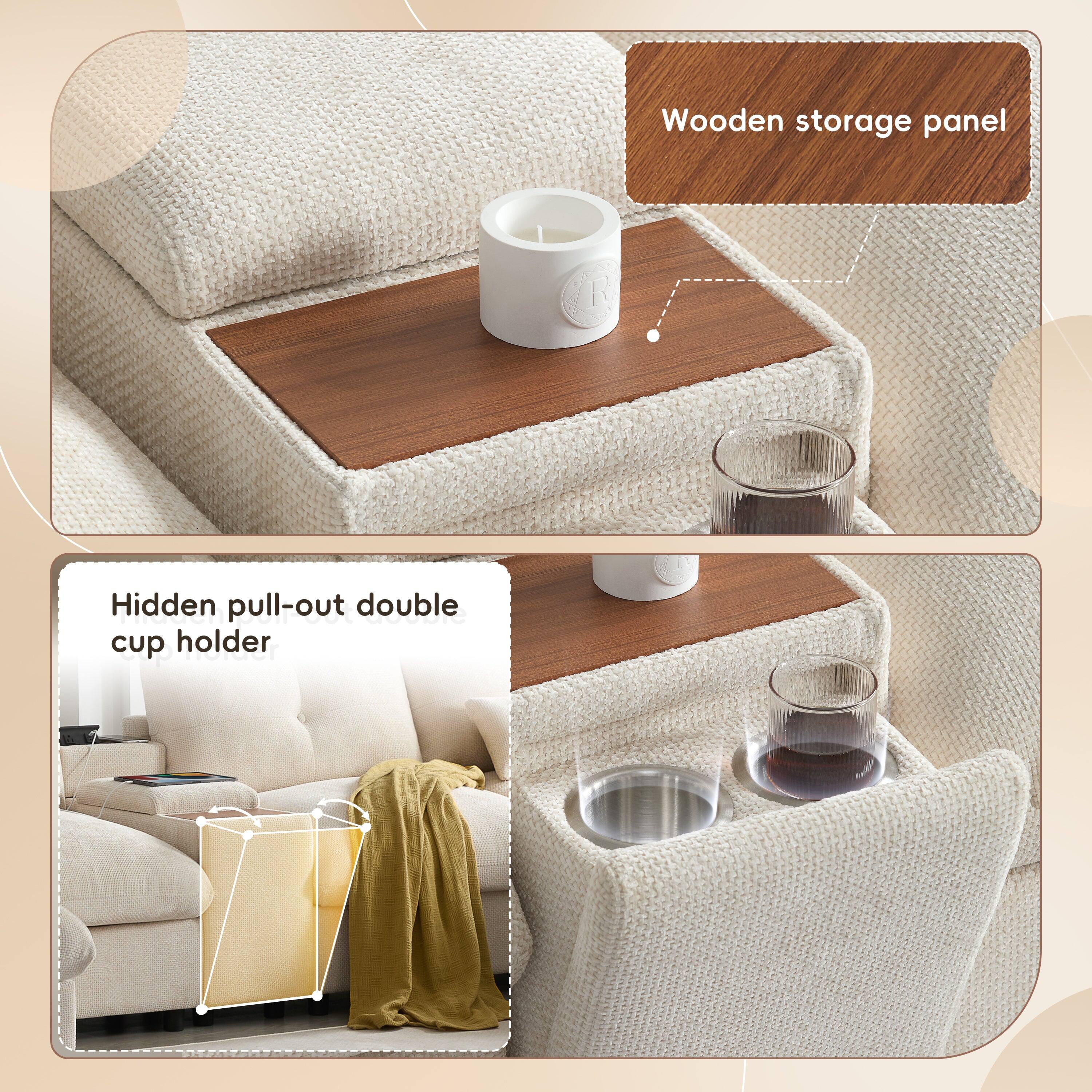 Wooden storage panel  
Hidden pull-out double cup holder