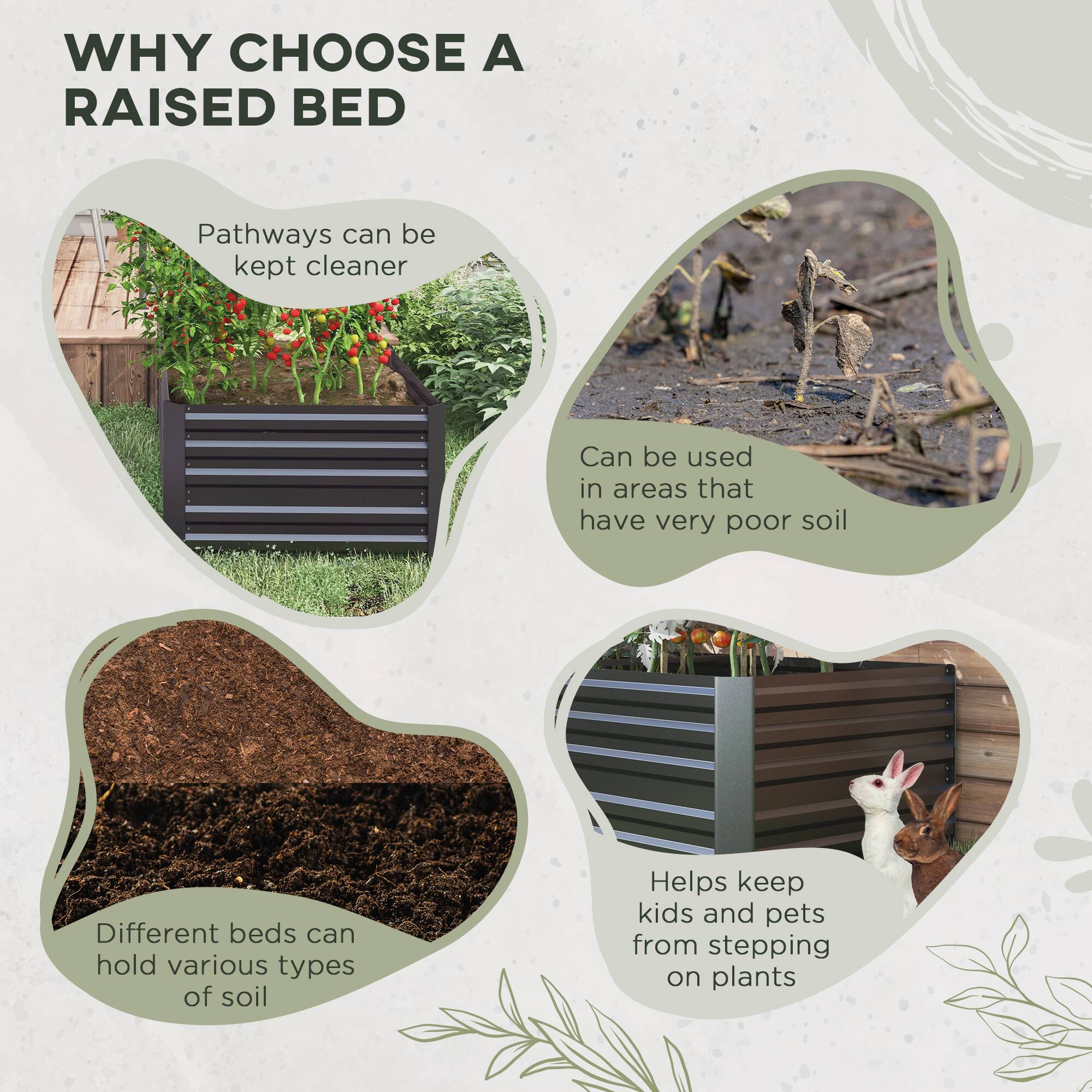 WHY CHOOSE A RAISED BED

Pathways can be kept cleaner

Can be used in areas that have very poor soil

Different beds can hold various types of soil

Helps keep kids and pets from stepping on plants