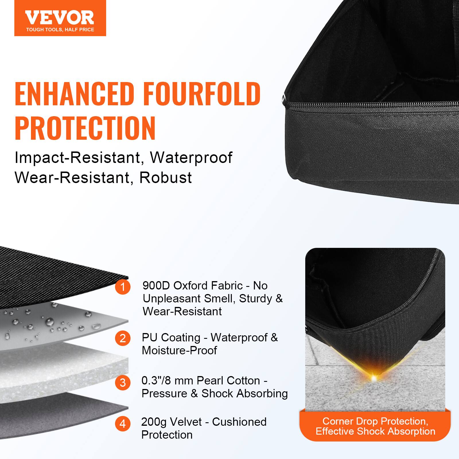 **VEVOR**  
TOUGH TOOLS, HALF PRICE

**ENHANCED FOURFOLD PROTECTION**  
Impact-Resistant, Waterproof, Wear-Resistant, Robust

1. **900D Oxford Fabric** - No Unpleasant Smell, Sturdy & Wear-Resistant  
2. **PU Coating** - Waterproof & Moisture-Proof  
3. **0.3"/8 mm Pearl Cotton** - Pressure & Shock Absorbing  
4. **200g Velvet** - Cushioned Protection  

*Corner Drop Protection, Effective Shock Absorption*
