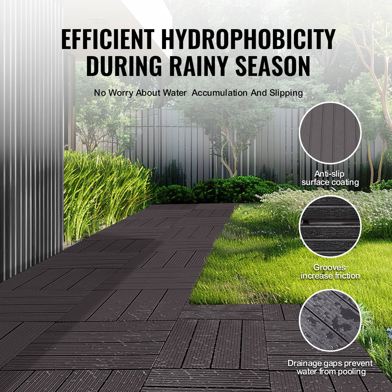 EFFICIENT HYDROPHOBICITY DURING RAINY SEASON  
No Worry About Water Accumulation And Slipping  

- Anti-slip surface coating  
- Grooves increase friction  
- Drainage gaps prevent water from pooling