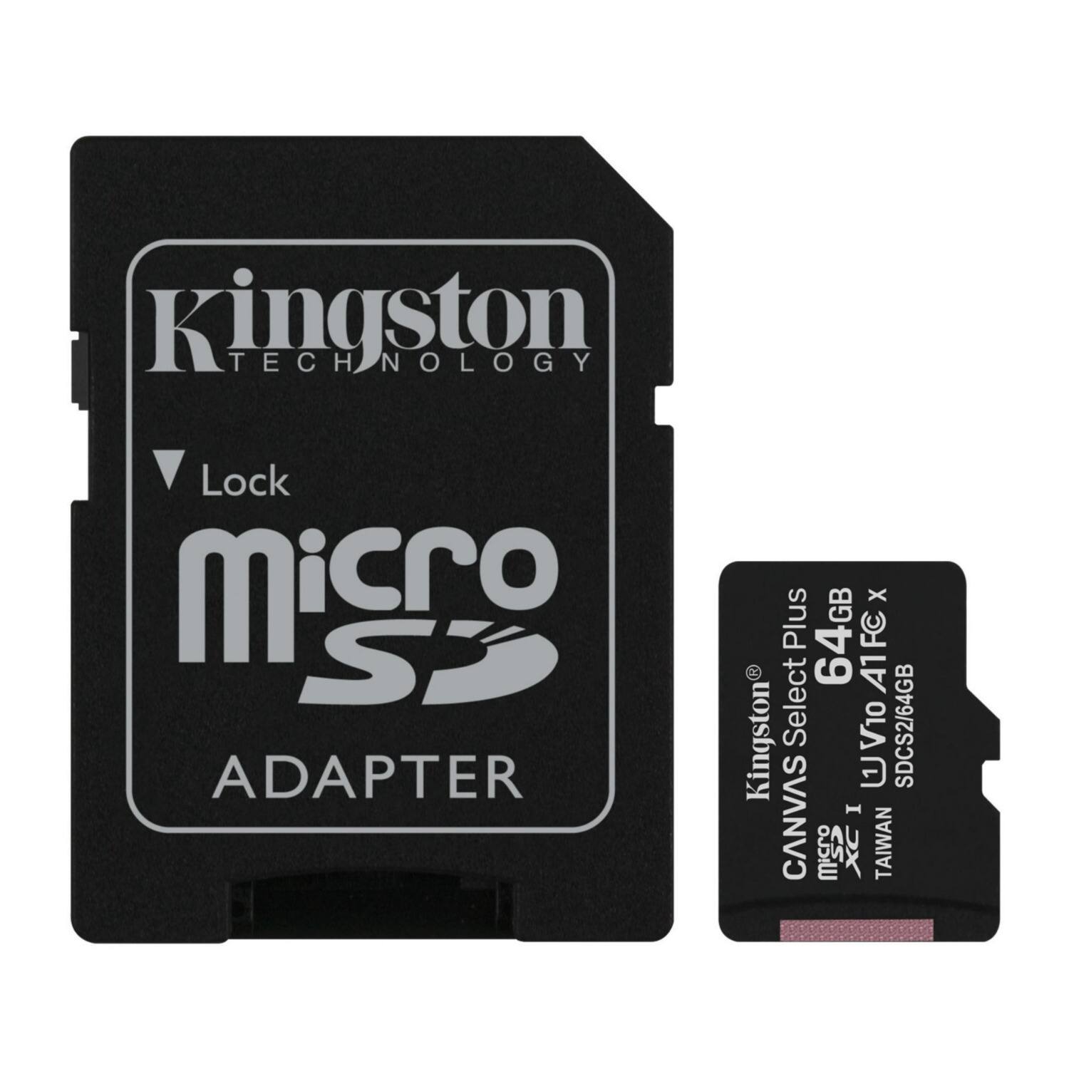 Kingston Technology  
Lock  
microSD  
ADAPTER  

Kingston  
CANVAS Select Plus  
64GB  
UHS-I U3 V30 A1  
SDCS2/64GB  
TAIWAN