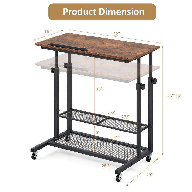 Product Dimension: 16" x 32" x 13" (top), 7.5" x 27.5" x 6" (middle shelf), 12" x 28.5" x 20" (bottom), Height: 25"-35"