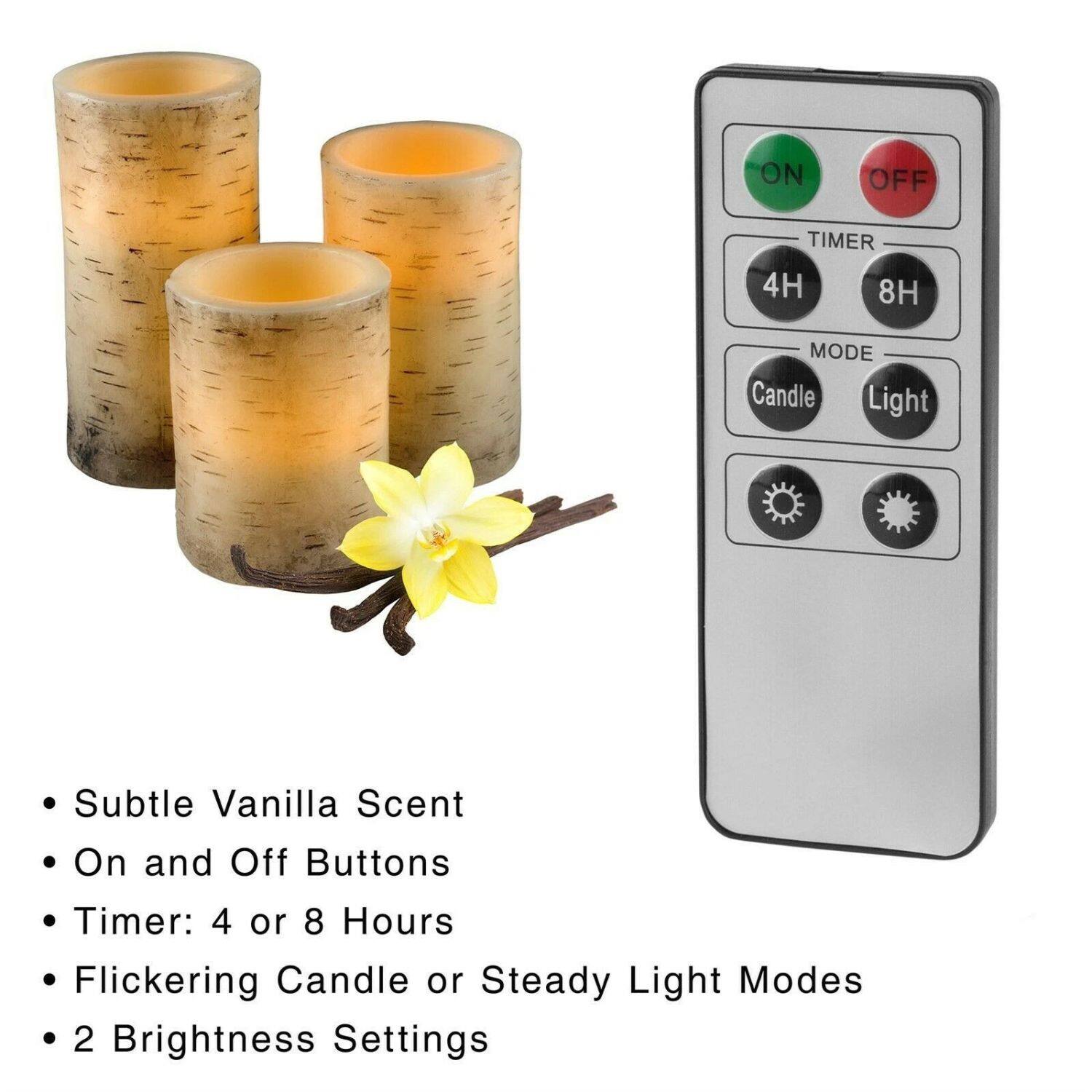 - Subtle Vanilla Scent
- On and Off Buttons
- Timer: 4 or 8 Hours
- Flickering Candle or Steady Light Modes
- 2 Brightness Settings

ON OFF TIMER 4H 8H MODE Candle Light Subtle Vanilla Scent On and Off Buttons Timer: 4 or 8 Hours Flickering Candle or Steady Light Modes 2 Brightness Settings
