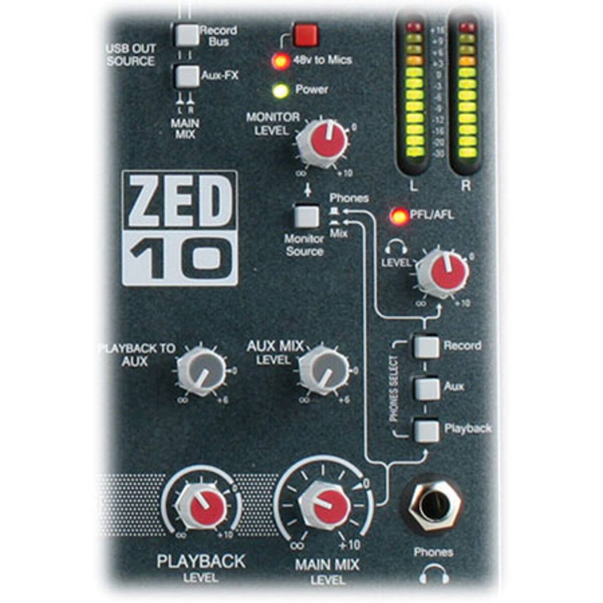 Record Bus USB OUT I 48v to Mics SOURCE ) Aux-FX D Power  4 L 4 MONITOR -12 MAIN o MIX LEVEL 16 -20 -30 O 10 4 L R ZED Phones  PFL/AFL Mix Monitor Source O 10 LEVEL 8 PLAYBACK TO AUX 0 AUX MIX LEVEL 00 SELECT PHONES Record Aux Playback 0 0 C0 PLAYBACK LEVEL  + 10 MAIN MIX LEVEL Phones