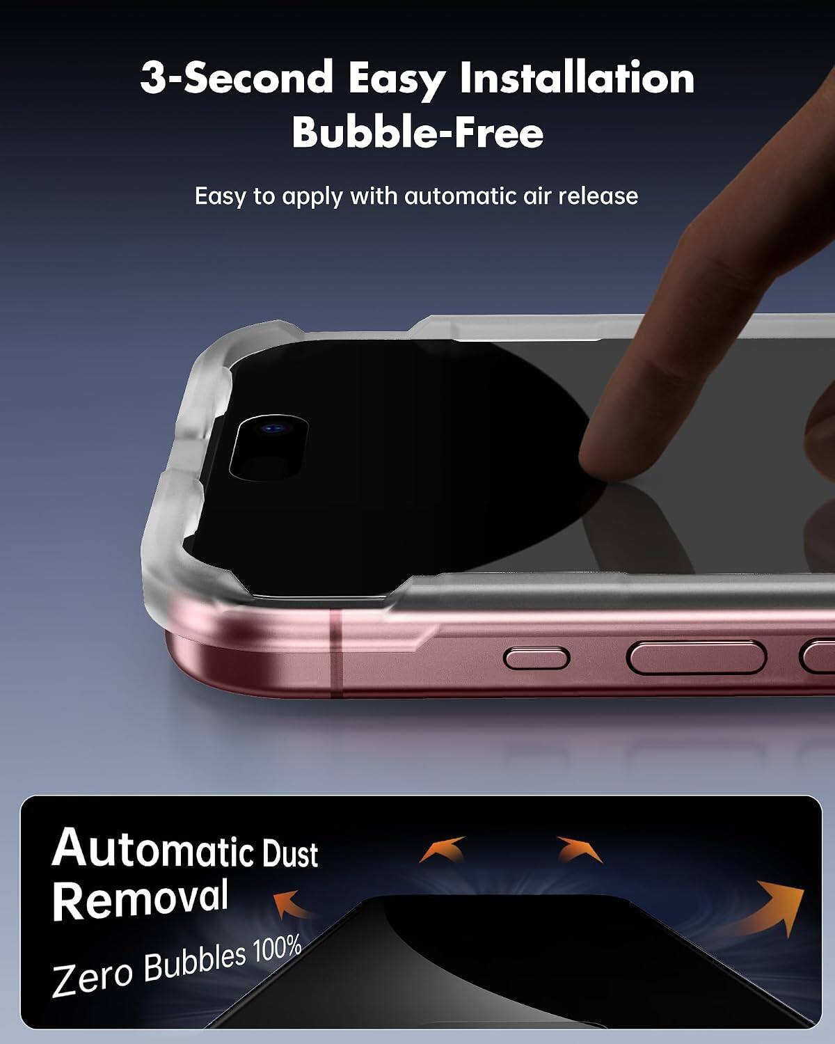 3-Second Easy Installation Bubble-Free  
Easy to apply with automatic air release  
Automatic Dust Removal  
Zero Bubbles 100%