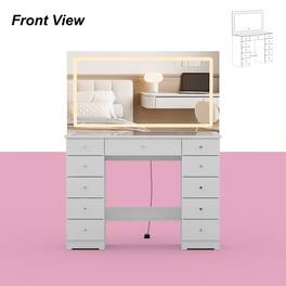 Famapy - Large LED Vanity Desk with Oversized Illuminated Mirror, 3 - Color Lighting, Ample Storage Drawers & Crystal Knobs - White