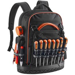 HTUTWOO - Tool Backpack - 64 Pockets Tear-resistant Jobsite Backpack for Electrician, Heavy Duty Tool Storage, Durable Work Bag - Black+Orange