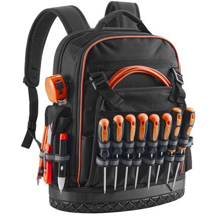 Front. HTUTWOO - Tool Backpack - 64 Pockets Tear-resistant Jobsite Backpack for Electrician, Heavy Duty Tool Storage, Durable Work Bag - Black+Orange.