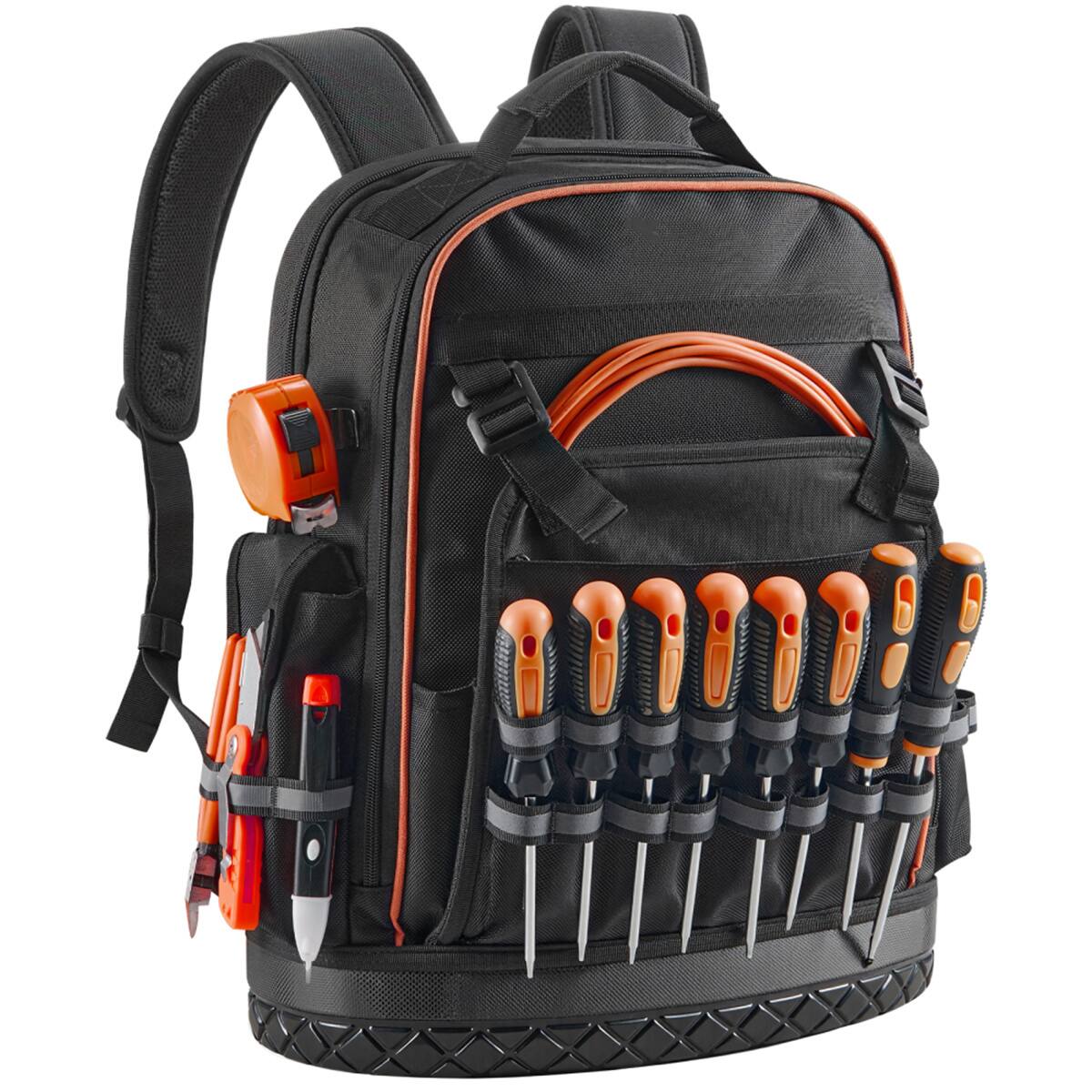 Front. HTUTWOO - Tool Backpack - 64 Pockets Tear-resistant Jobsite Backpack for Electrician, Heavy Duty Tool Storage, Durable Work Bag - Black+Orange.
