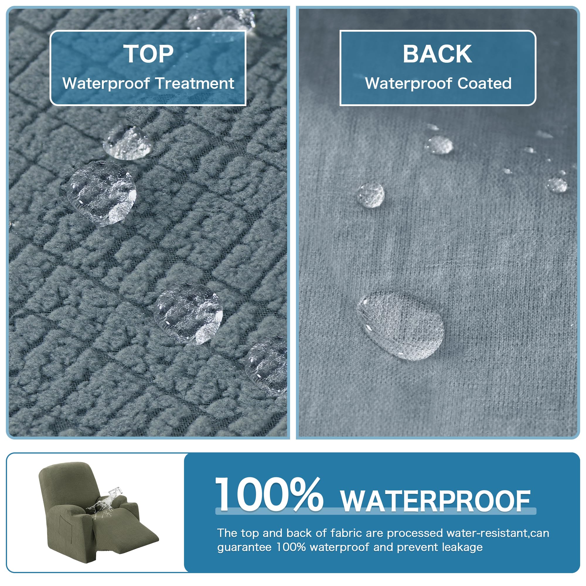 **TOP**  
Waterproof Treatment

**BACK**  
Waterproof Coated

---

**100% WATERPROOF**  
The top and back of fabric are processed water-resistant, can guarantee 100% waterproof and prevent leakage