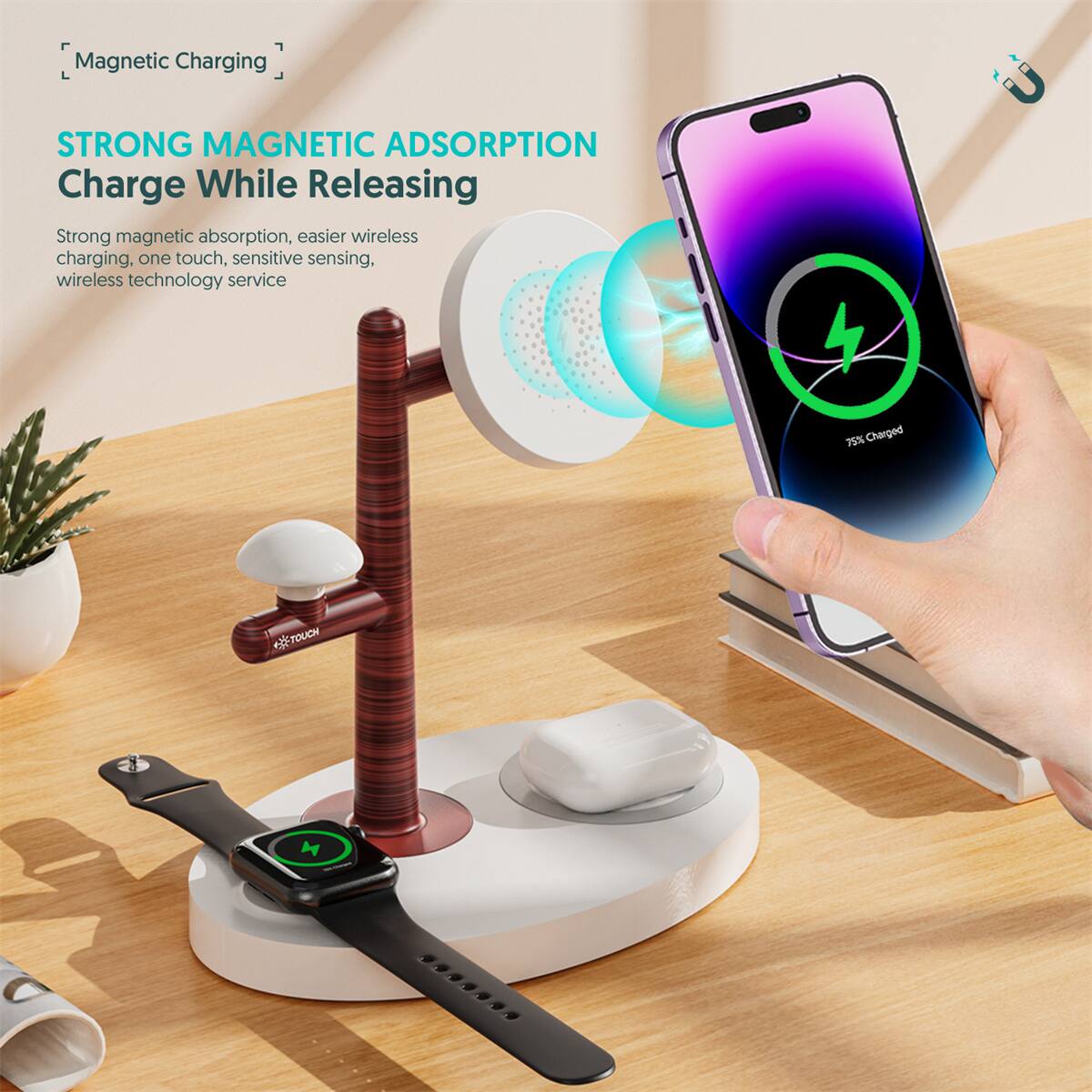 Magnetic Charging

STRONG MAGNETIC ADSORPTION  
Charge While Releasing

Strong magnetic absorption, easier wireless charging, one touch, sensitive sensing, wireless technology service