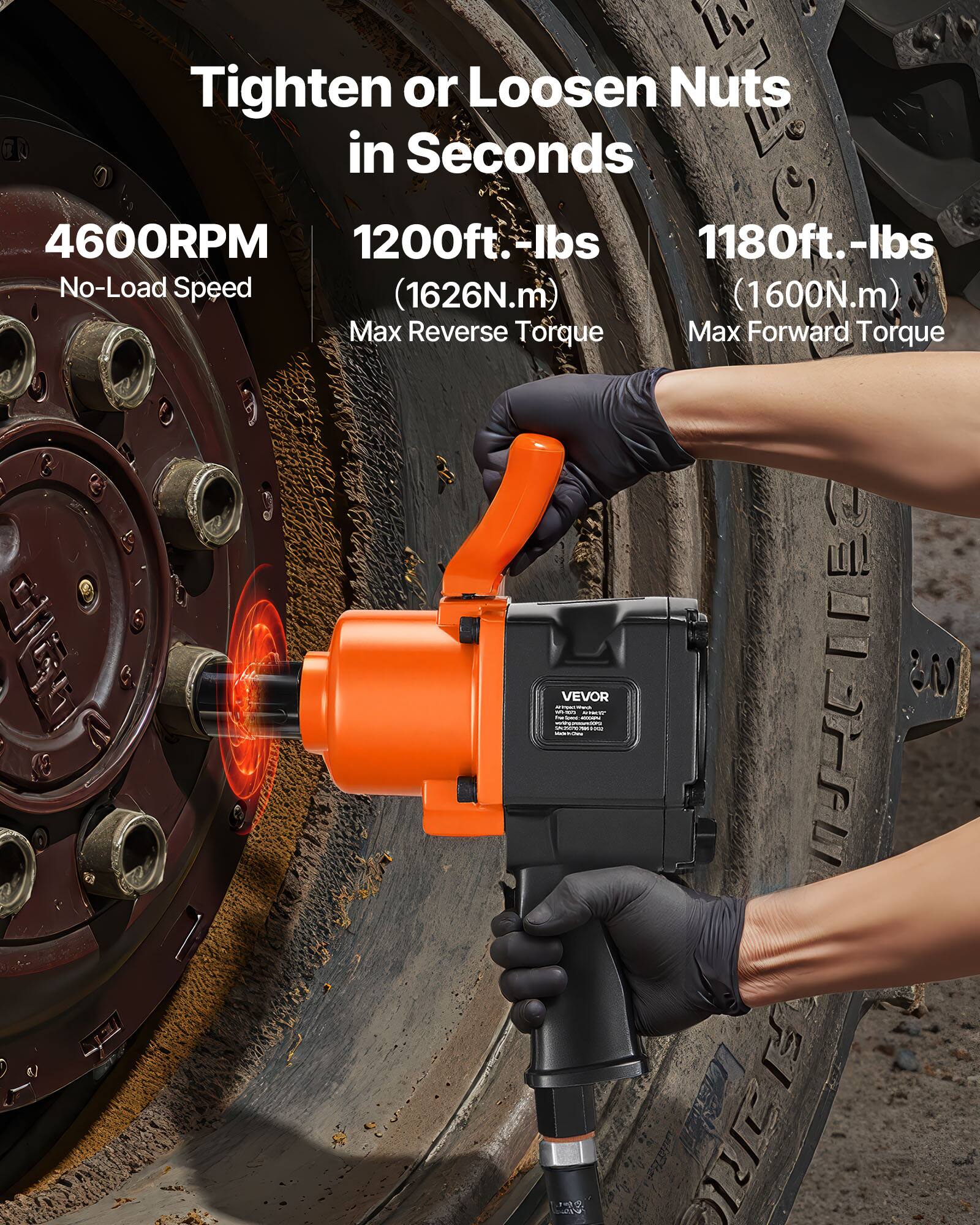 Tighten or Loosen Nuts in Seconds

4600RPM  
No-Load Speed

1200ft.-lbs  
(1626N.m)  
Max Reverse Torque

1180ft.-lbs  
(1600N.m)  
Max Forward Torque