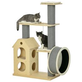 Pawhut - 53" Modern Indoor Cat Tree, with Scratching Posts & Wheel, Double-Layer Cushioned House, Climbing Wooden Cat Furniture