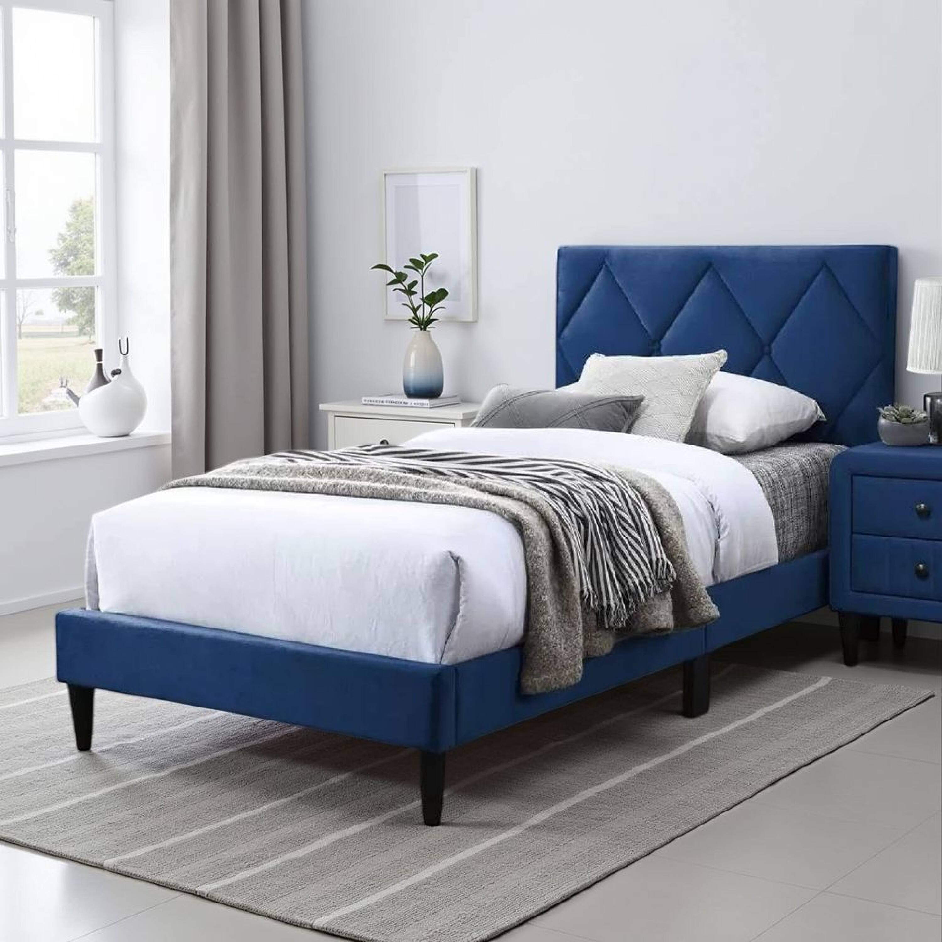 Alt View 5. Manhattan Lane - Lilian Twin Bed, Tufted Navy Blue Velvet Upholstery, Diamond Stitch - Navy Blue, Black.