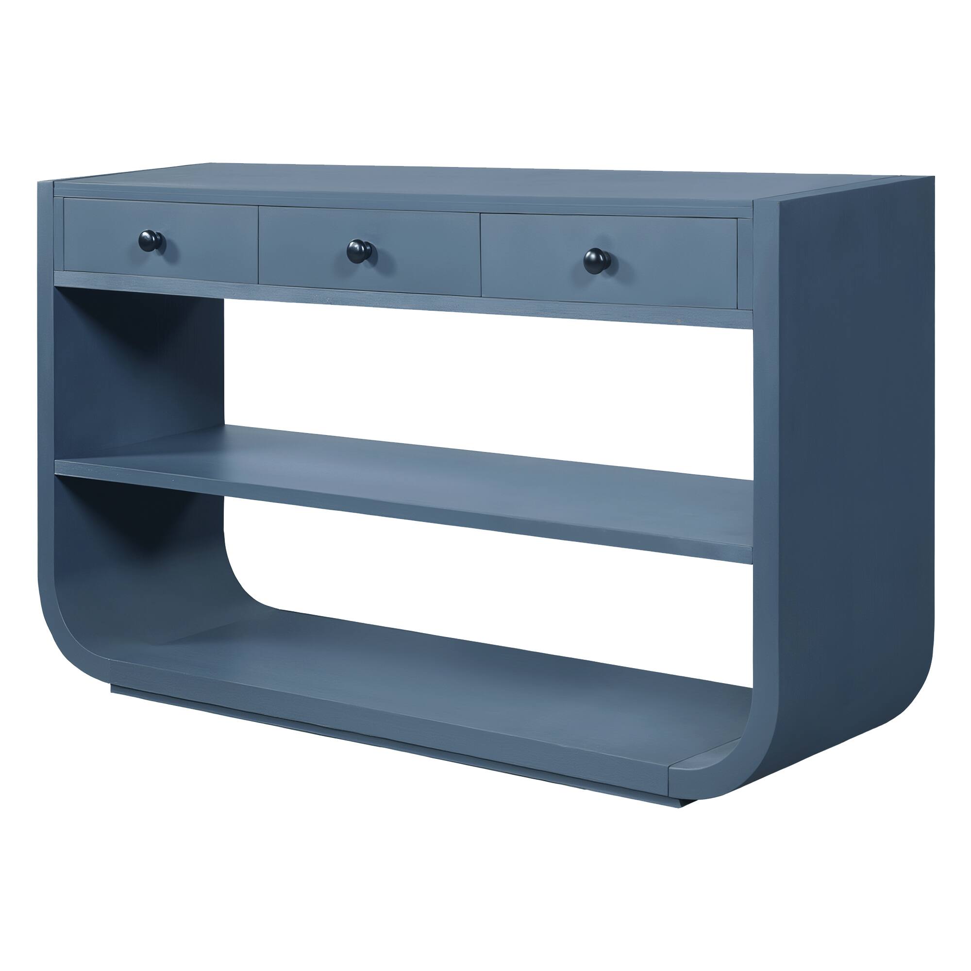 Angle. Whisen - Modern Curved Console Table with 3 Soft-Close Drawers & 2 Shelves, Solid Wood Entryway Table-Blue - Blue.