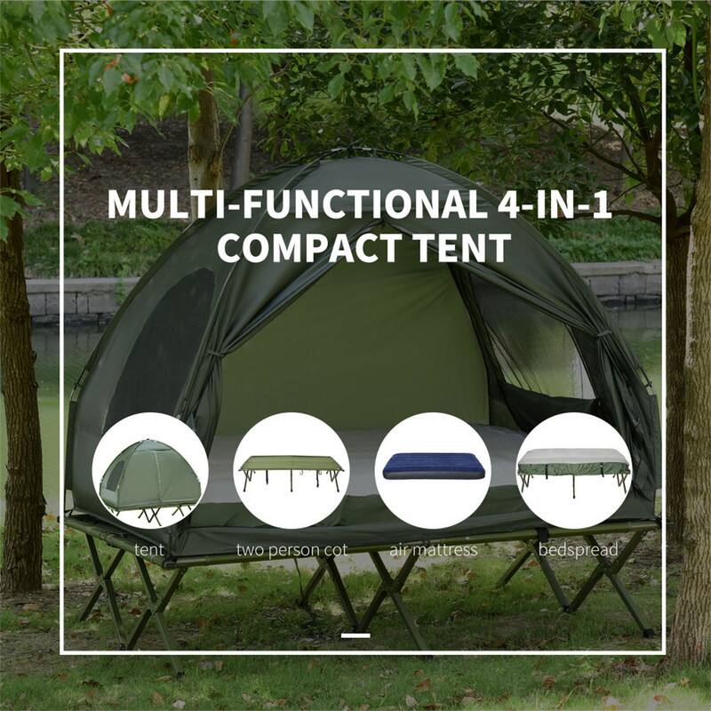 MULTI-FUNCTIONAL 4-IN-1 COMPACT TENT

- tent
- two person cot
- air mattress
- bedspread