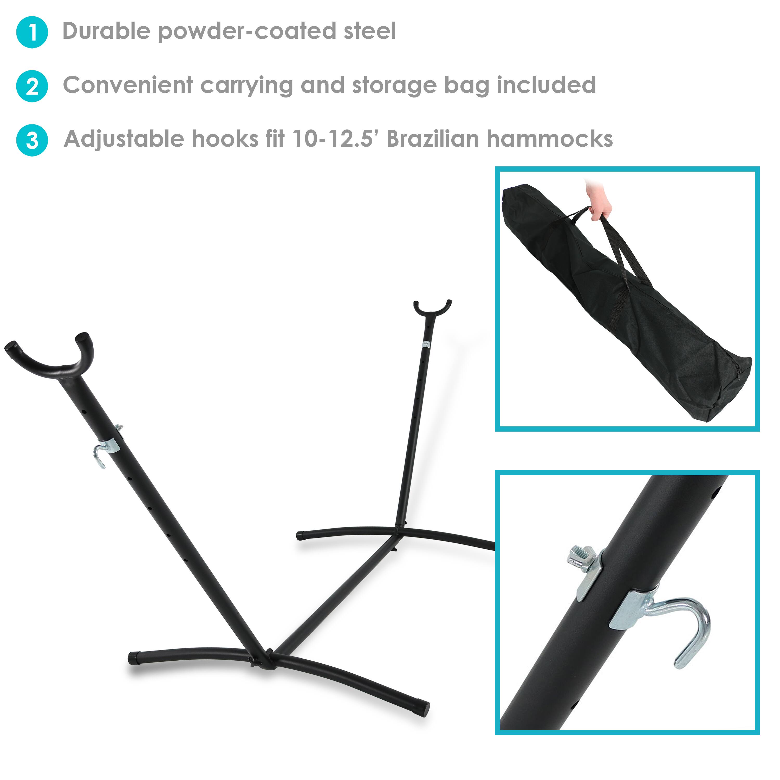 1. Durable powder-coated steel  
2. Convenient carrying and storage bag included  
3. Adjustable hooks fit 10-12.5' Brazilian hammocks