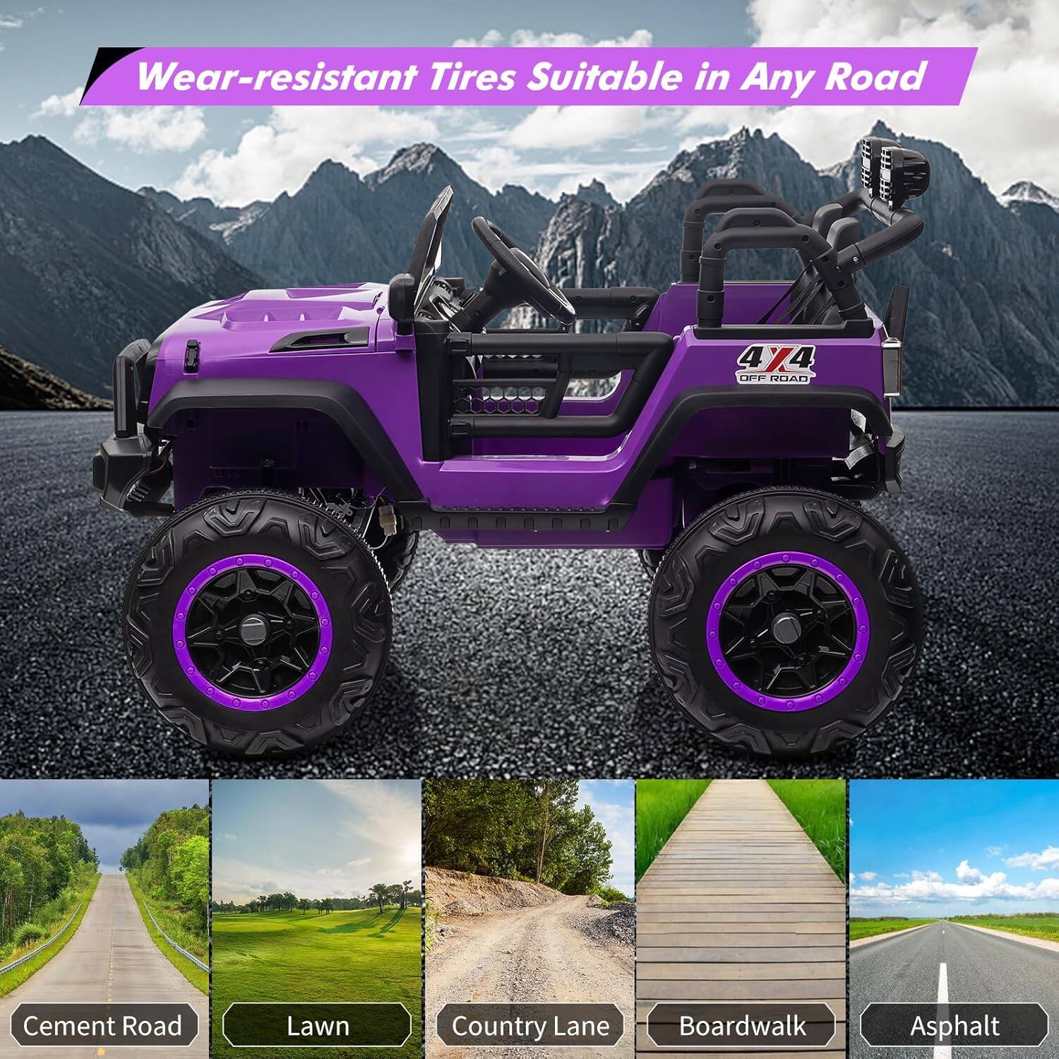 Angle. Homhougo - 24V Kids Electric Ride On Truck, 2-Seater 4WD w/ Remote, LED Lights, Purple.