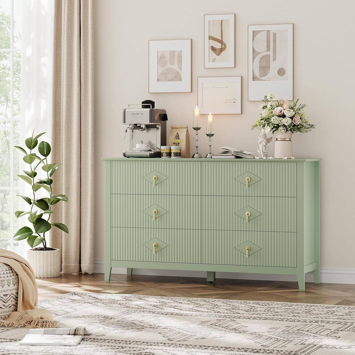 Alt View 4. GARVEE - Fluted Dresser 54" Wide, 6-Drawer Modern Wood Chest for Bedroom, Large Storage Organizer Cabinet for Living Room - Green.