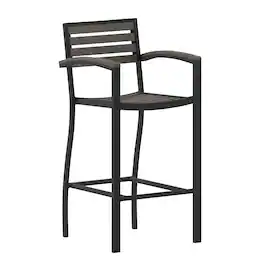Emma + Oliver - Livia All-Weather Bar Height Dining Stool with Armrests, Polyresin Slats and Aluminum Frame - Gray Wash