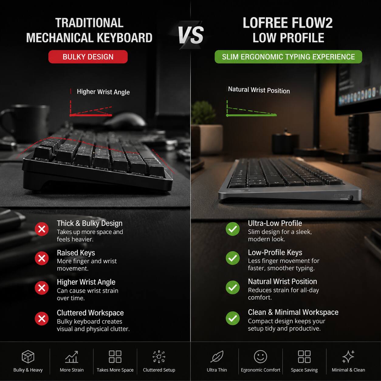 TRADITIONAL MECHANICAL KEYBOARD BULKY DESIGN VS LOFREE FLOW2 LOW PROFILE SLIM ERGONOMIC TYPING EXPERIENCE

Higher Wrist Angle
Natural Wrist Position

Thick & Bulky Design
Takes up more space and feels heavier.

Raised Keys
More finger and wrist movement.

Higher Wrist Angle
Can cause wrist strain over time.

Cluttered Workspace
Bulky keyboard creates visual and physical clutter.

Ultra-Low Profile
Slim design for a sleek, modern look.

Low-Profile Keys
Less finger movement for faster, smoother typing.

Natural Wrist Position
Reduces strain for all-day comfort.

Clean & Minimal Workspace
Compact design keeps your setup tidy and productive.

Bulky & Heavy
More Strain
Takes More Space
Cluttered Setup

Ultra Thin
Ergonomic Comfort
Space Saving
Minimal & Clean