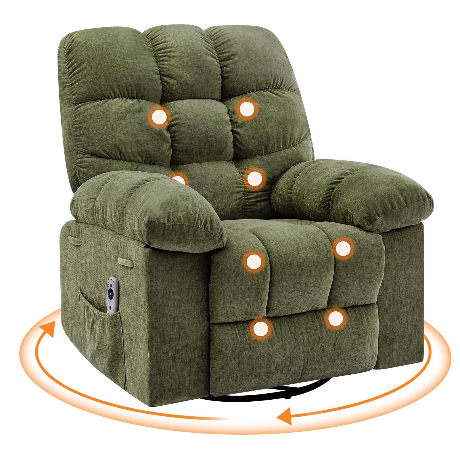 Jojoka - 35.4" Wide Oversized Manual Recliner with Massage and Heat, Swivel Rocking Chairs with Side Pocket - Green