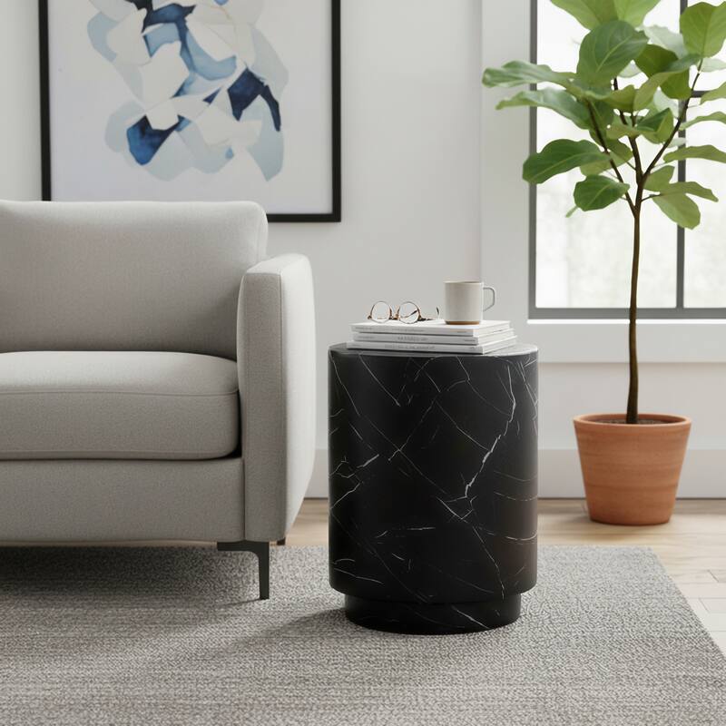 Left. LeisureMod - Ramble Cylindrical Side Table, Weather Resistant Fiberstone Modern Accent Table - Indoor/Outdoor - Black Marble.