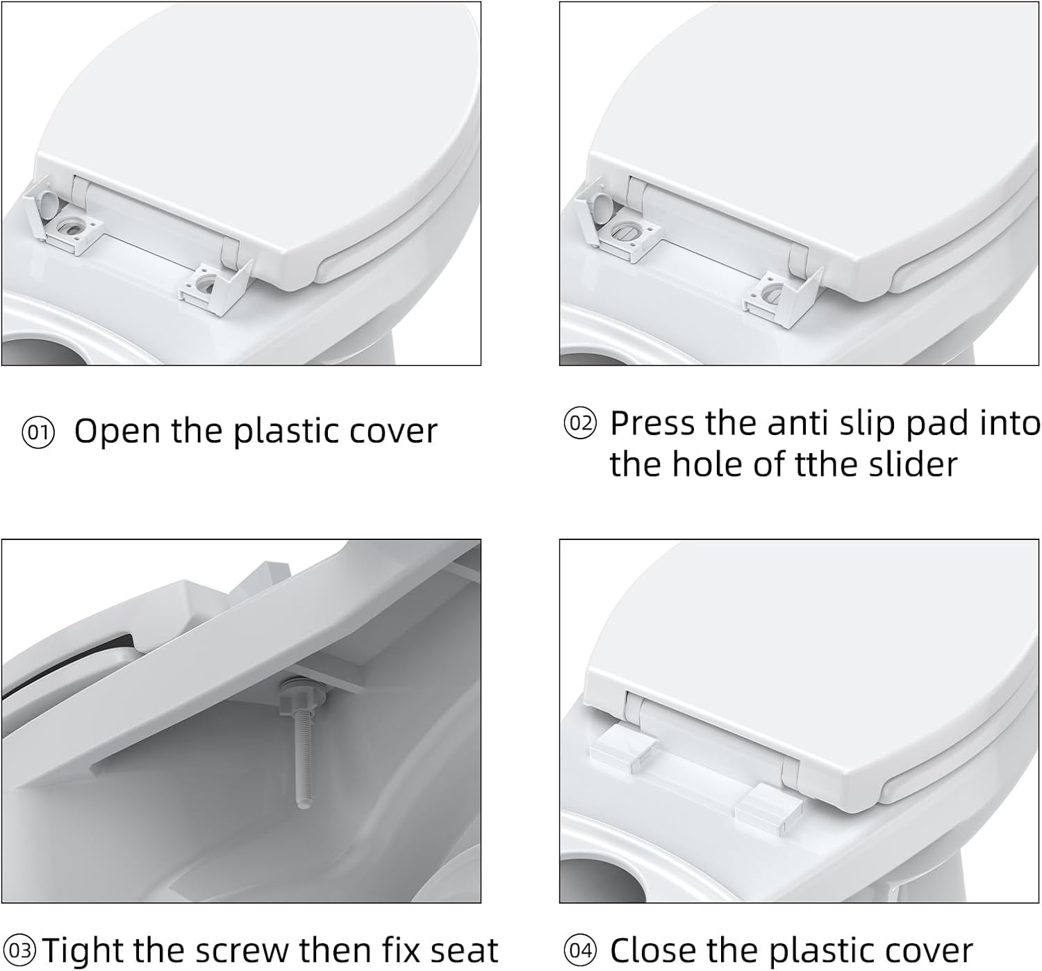 1. Open the plastic cover
2. Press the anti-slip pad into the hole of the slider
3. Tighten the screw then fix the seat
4. Close the plastic cover