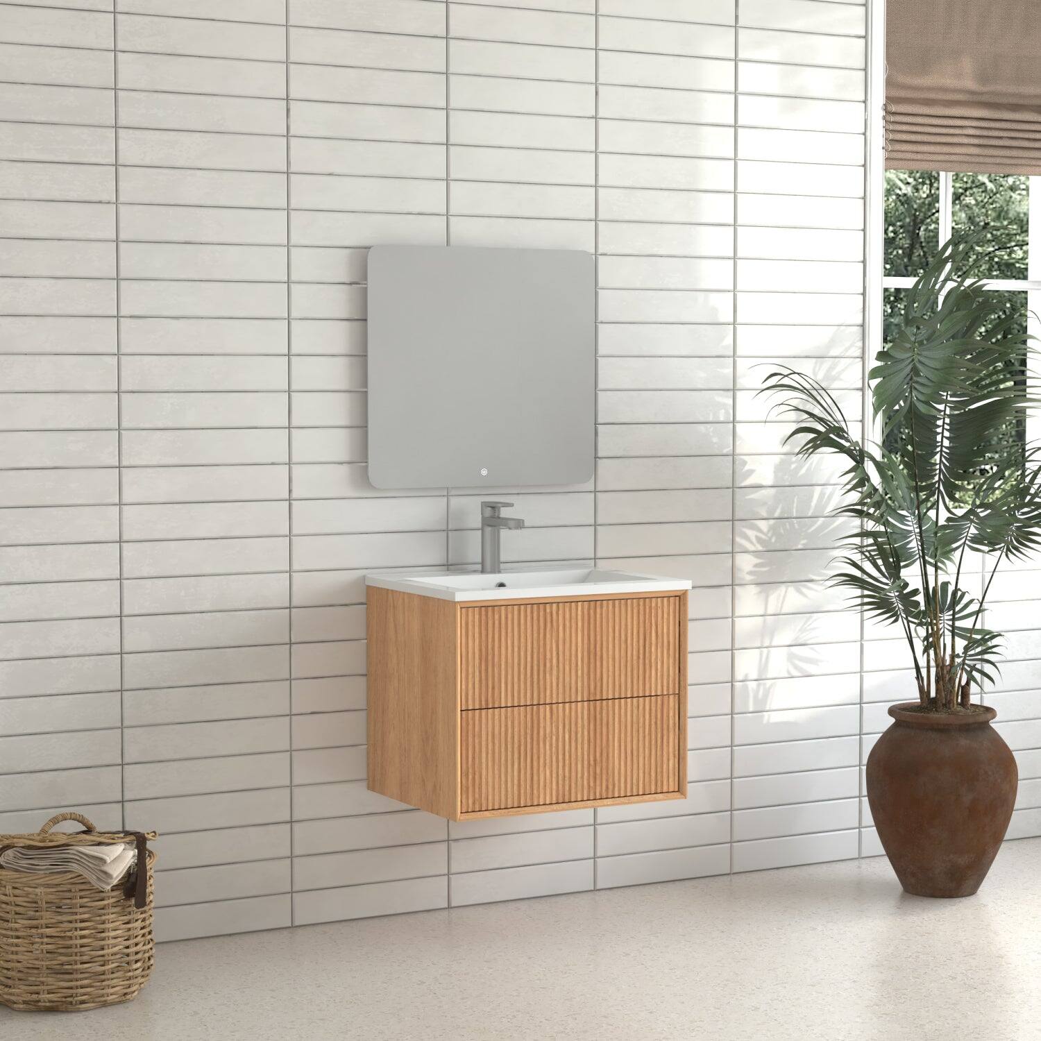 Alt View 3. Boyel Living - 24 in Floating Bathroom Vanity Set Wall-Mounted Solid Wood Cabinet with 2 Push-Open Drawers White Resin Integrated Basin - Walnut.