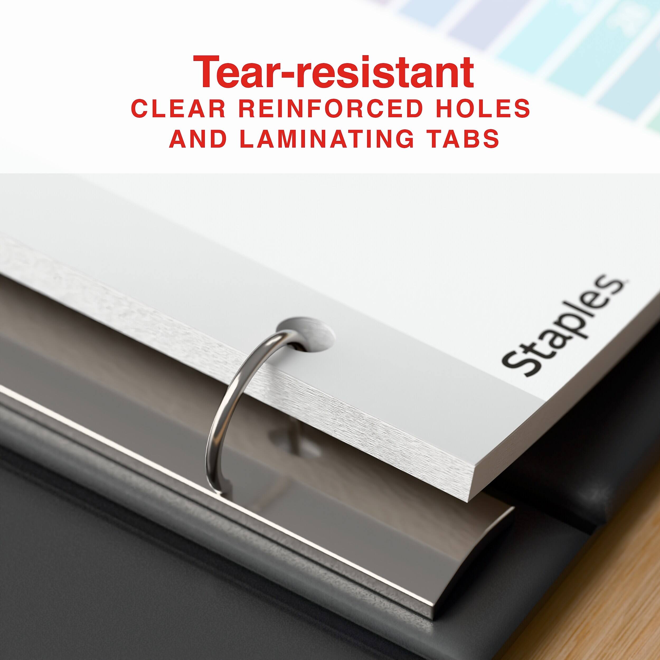 Tear-resistant CLEAR REINFORCED HOLES AND LAMINATING TABS Staples