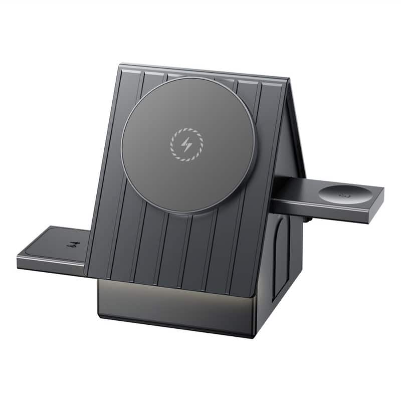 RISOKEYS - 3-in-1 Magnetic Wireless Charging Station - Foldable Fast Power Adapter for iPhone, Apple Watch & AirPods - Gray