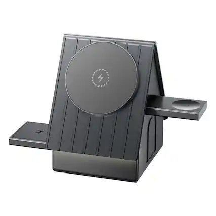 Front. RISOKEYS - 3-in-1 Magnetic Wireless Charging Station - Foldable Fast Power Adapter for iPhone, Apple Watch & AirPods - Gray.