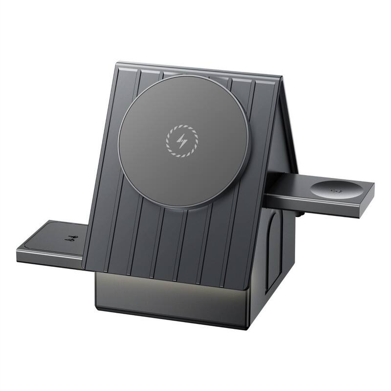 RISOKEYS - 3-in-1 Magnetic Wireless Charging Station - Foldable Fast Power Adapter for iPhone, Apple Watch & AirPods - Gray