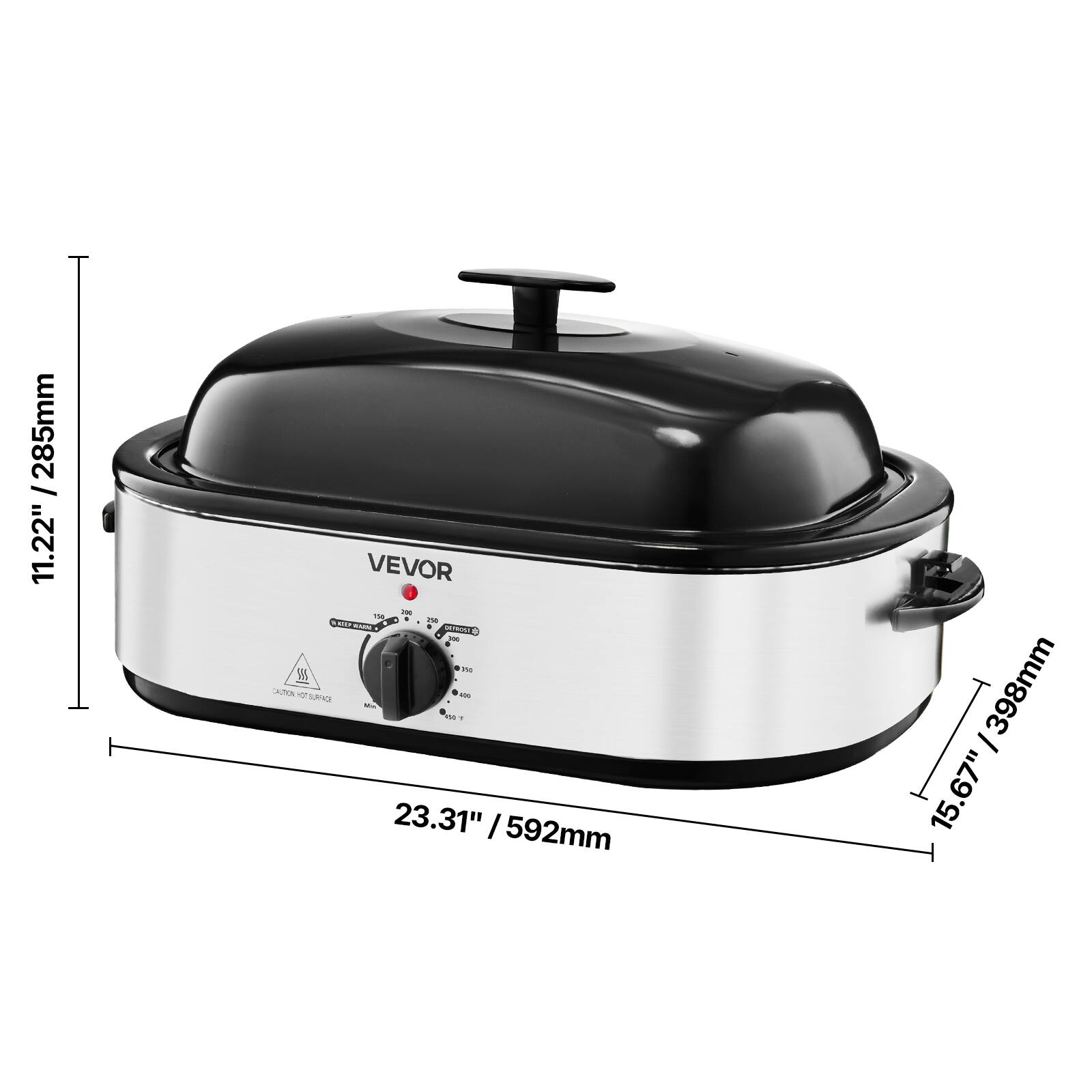 285mm / 11.22"  
VEVOR 200 100 t - 250 mocon 0 persoct 300 w AND CAUTION OT SURFACE con Mie 1 23.31" I 592mm  
398mm 15.67"