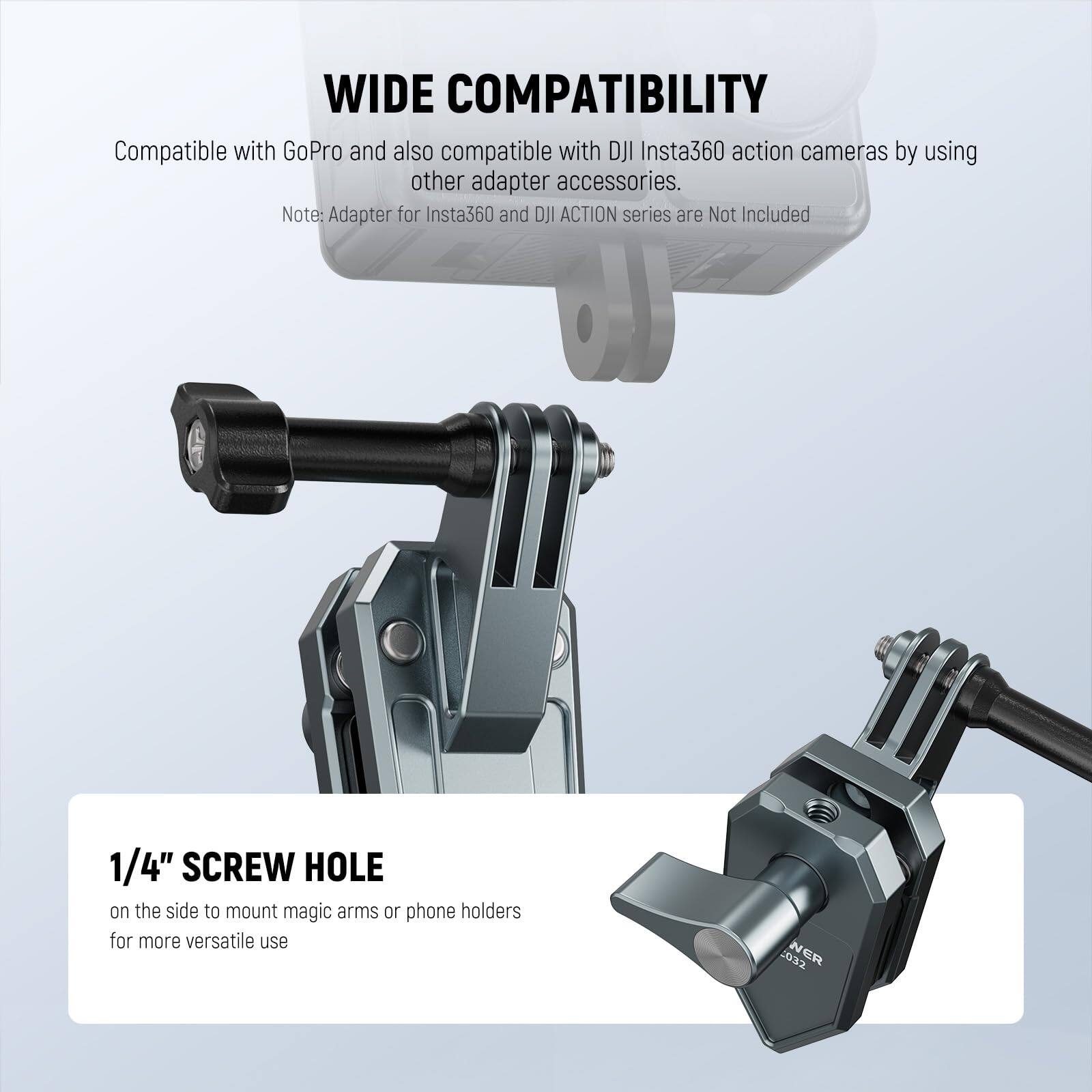 **WIDE COMPATIBILITY**  
Compatible with GoPro and also compatible with DJI Insta360 action cameras by using other adapter accessories.  
Note: Adapter for Insta360 and DJI ACTION series are Not Included  

**1/4" SCREW HOLE**  
on the side to mount magic arms or phone holders for more versatile use