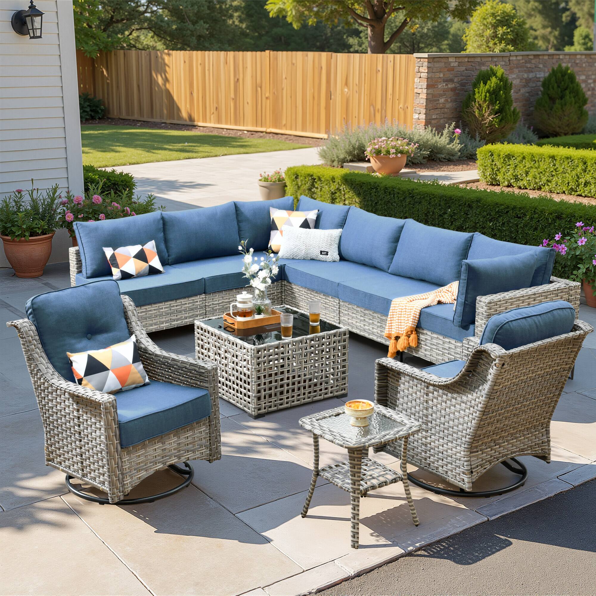 Ovios - 10 PCS Patio Furniture, Sectional Modular Sofa with Swivel Chairs & Coffee Table for Backyard - Denim Blue
