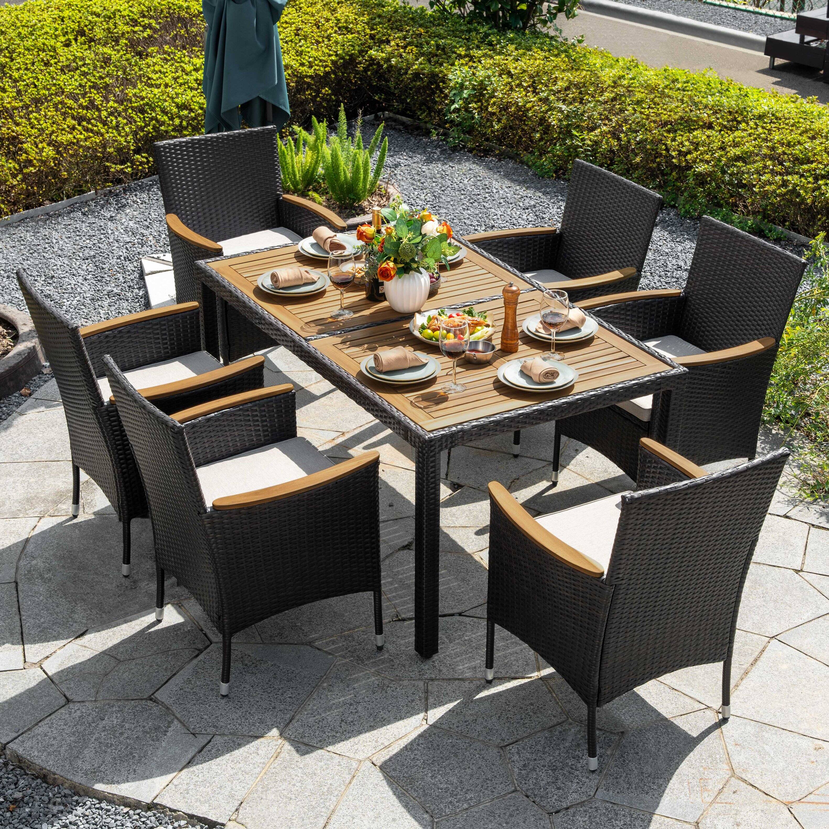 Left. Nuu Garden - 7-Piece Acacia Wood Wicker Patio Dining Set with Cushions - Black.
