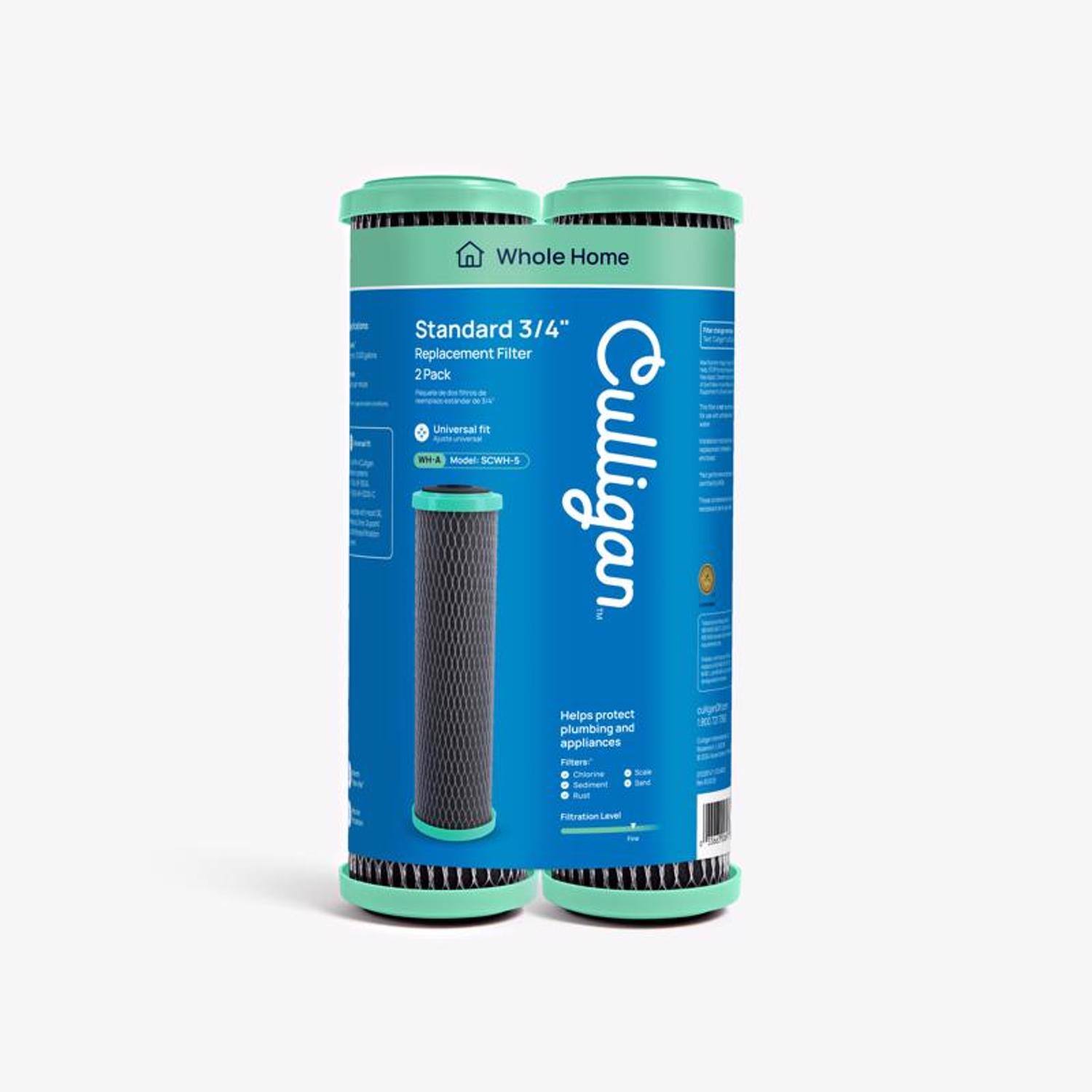 Whole Home Standard 3/4" Replacement Filter 2 Pack  
Universal fit  
WH-A Model SCWH-S  
Culligan  
Helps protect plumbing and appliances  
Filter: Chlorine, Chloramine, Rust, Sand  
Filtration Level: 50