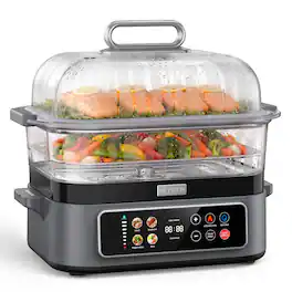 AIRMSEN - 12.7QT Glass Food Steamer, 1200W Electric Veggie Steamer, 12H Delay & Auto Warm, BPA-Free, Dishwasher-Safe Parts - Gray
