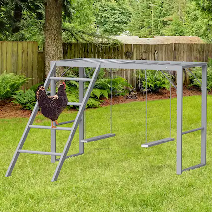 Front. Oumilen - Grey Table-shaped Chicken Play Stand with Single Ladder & Dual Hanging Swings - Gray.