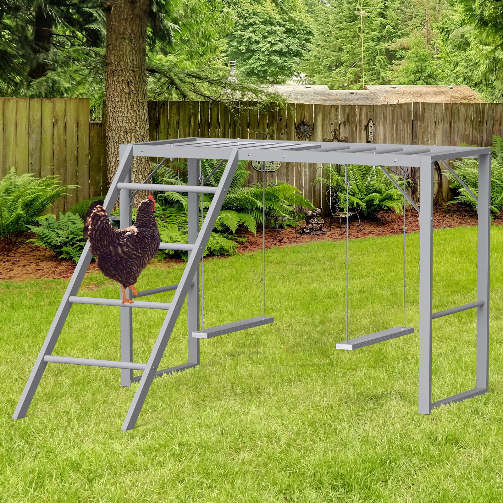 Front. Oumilen - Grey Table-shaped Chicken Play Stand with Single Ladder & Dual Hanging Swings - Gray.