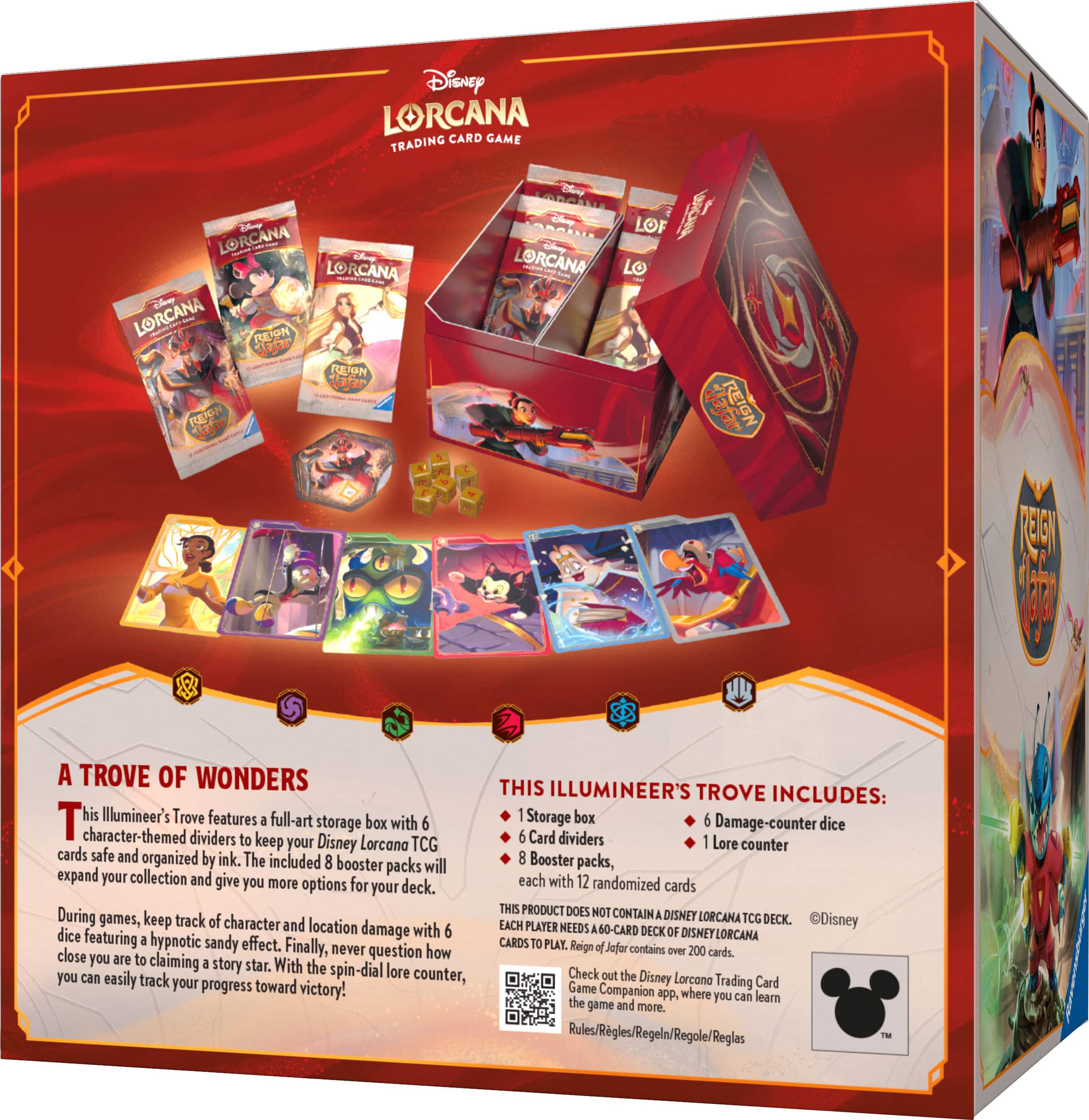 Disney Lorcana Card Trading Game - Trove of Wonders
This Illumineer's Trove features a storage box with 6 character-themed dividers to keep your Disney Lorcana TCG cards safe and organized. The included 8 booster packs will expand your collection and give you more options for your deck. During games, keep track of character and location dice damage with 6 featuring a hypnotic sandy effect. Finally, close never question how you are to claiming a story star. With the spin-dial lore you can easily track your counter, progress toward victory!
THIS ILLUMINEER'S TROVE INCLUDES:
1 Storage box
6 Damage-counter dice
6 Card dividers
1 Lore counter
8 Booster packs, each with 12 randomized cards
THIS PRODUCT DOES NOT CONTAIN A DISNEY LORCANA TCG DECK. EACH PLAYER NEEDS A 60-CARD DECK OF DISNEY LORCANA CARDS.