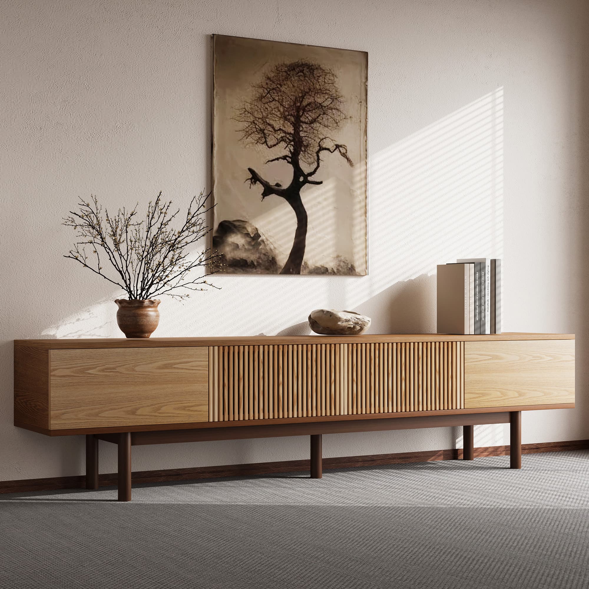 luck idea - 86.6" Solid Wood TV Stand and Media Console with Ample Storage Space for Living Room - Natural Color